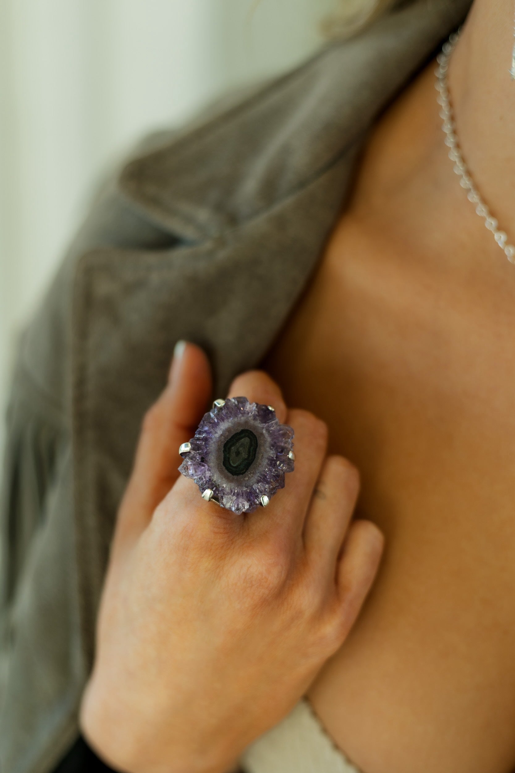 Amethyst Crystal Sterling Silver Ring for Women - Elegant Stalactite Design, Healing Stone Jewelry for Meditation, Gifts & Spiritual Energy