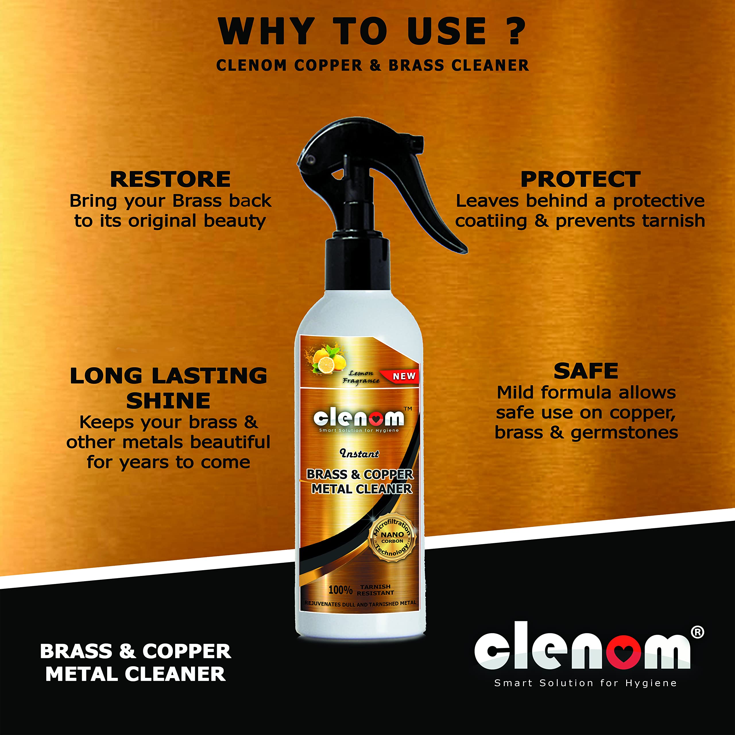 Clenom Instant Brass & Copper Cleaner Spray - 210ml Metal Polish for Chrome, Bronze, Gold, Nickel & Stainless Steel | Fast-Acting Liquid Cleaner & Restorer | Perfect for Jewelry, Antiques, Fixtures & Kitchenware