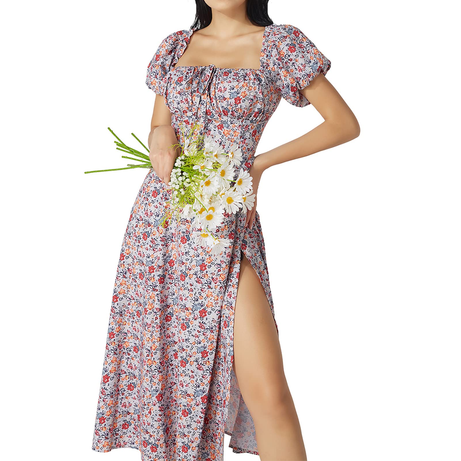 Boho Floral Wrap Maxi Dress for Women - Vintage Square Neck Summer Dress with Ruffle Hem & Side Split - Perfect for Beach, Cottagecore, and Casual Outings