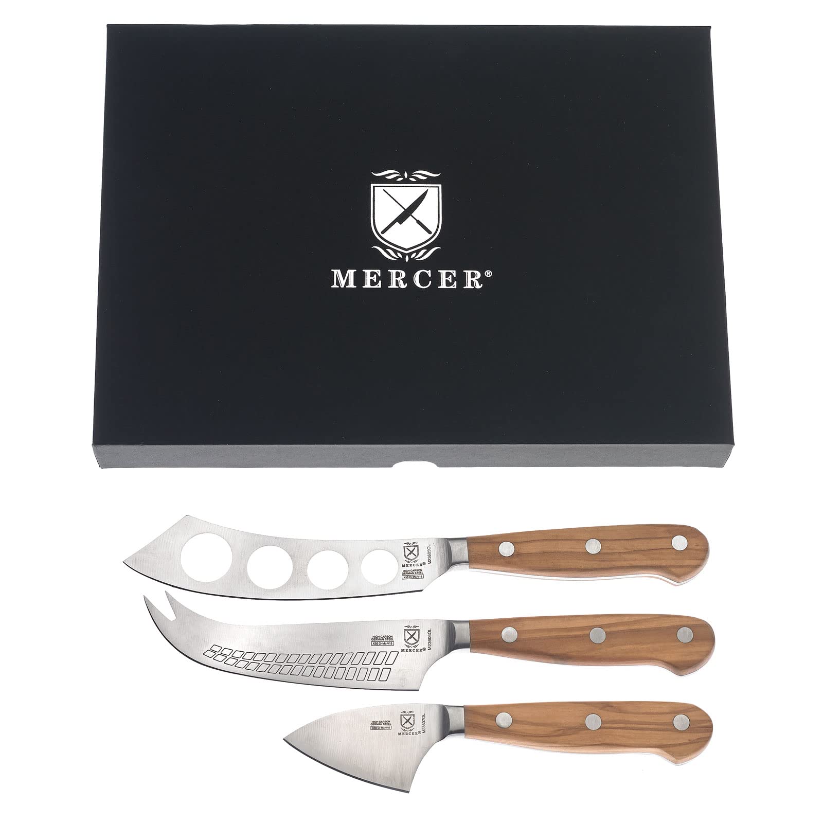 Premium Mercer Culinary Renaissance Olive Wood Cheese Knife Set - 3-Piece Handcrafted Cheese Cutting Board & Knives for Entertaining, Charcuterie Boards & Gourmet Cheese Platters