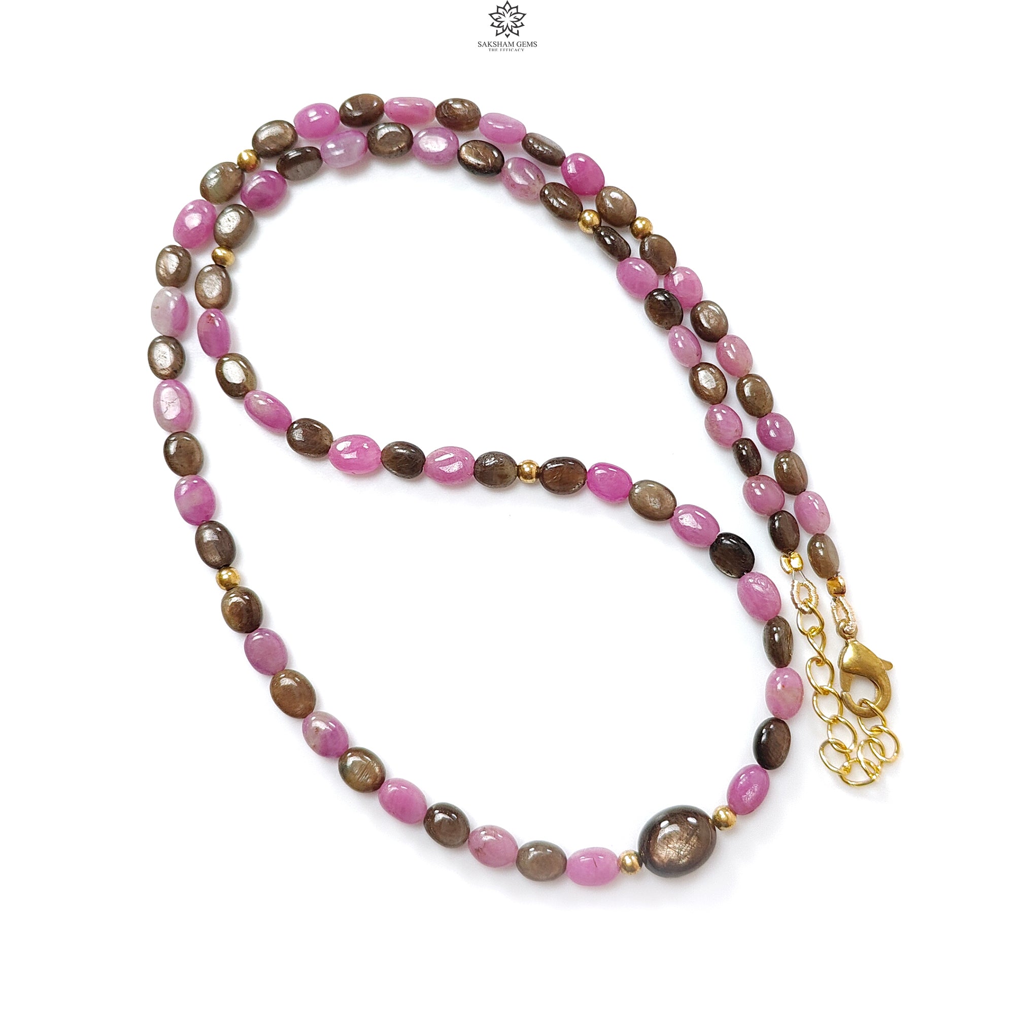 Natural Untreated Golden & Pink Sapphire Gemstone Beads Necklace - Oval Shape Brass Jewelry (18