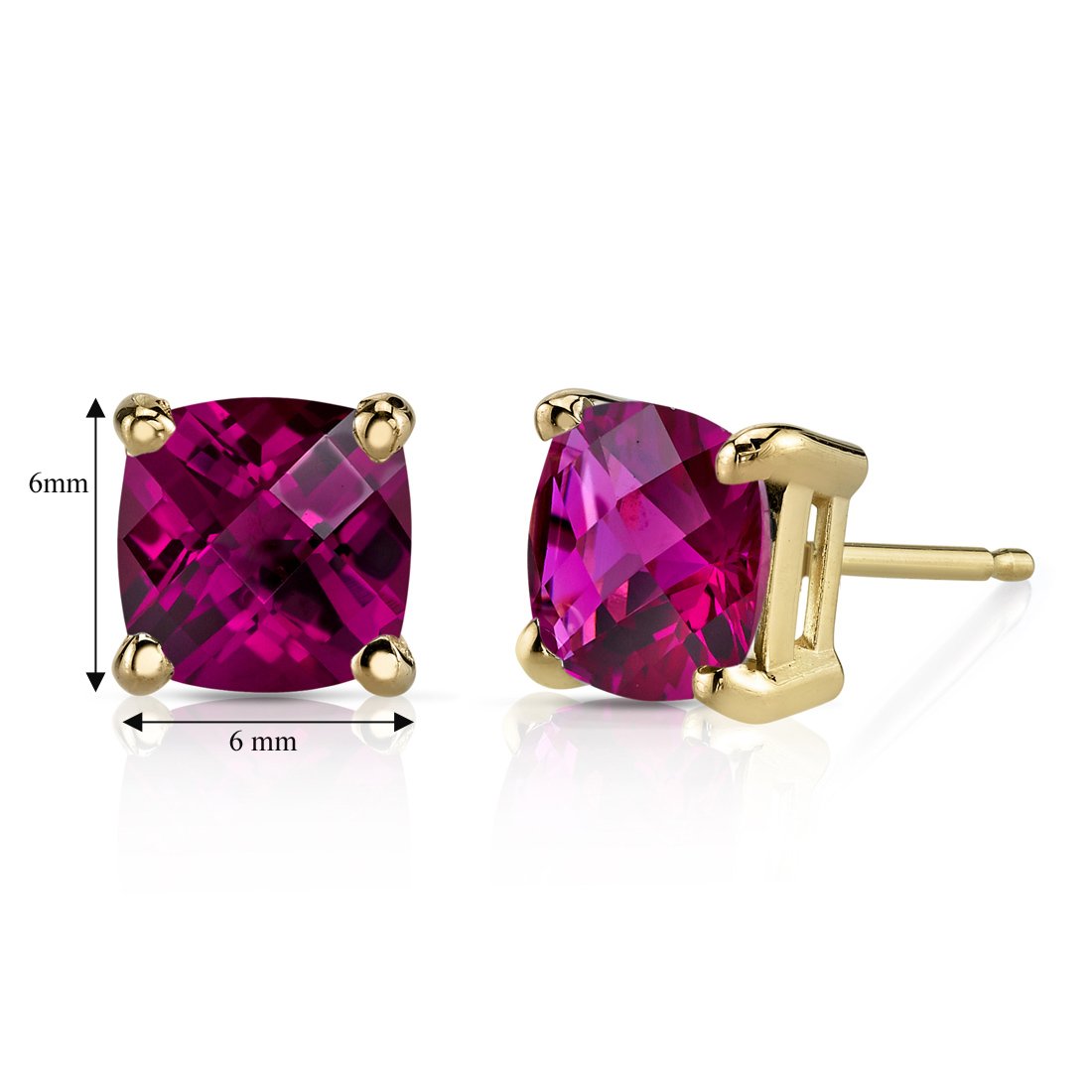 Peora 14K Yellow Gold Cushion Cut Created Ruby Stud Earrings for Women - Hypoallergenic Solitaire, 6mm (2.50 Carats Total) with Secure Friction Back - July Birthstone Jewelry - Perfect for Gifts, Anniversaries & Special Occasions