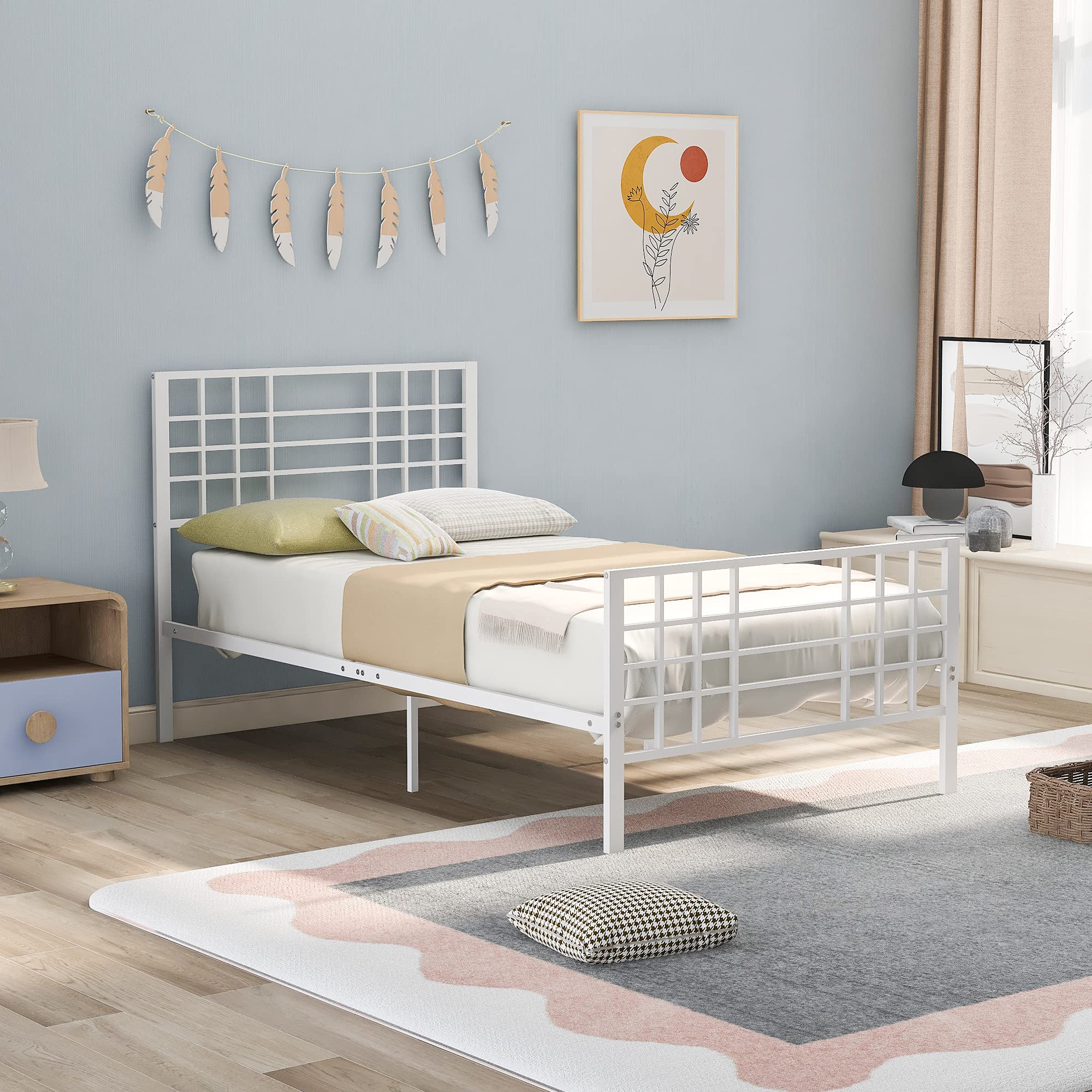 Petphil White Twin Size Metal Bed Frame with Headboard & Footboard - Sturdy Platform Mattress Base, Iron-Art Design for Bedroom, Guest Room or Dorm | Heavy Duty Metal Tube Construction