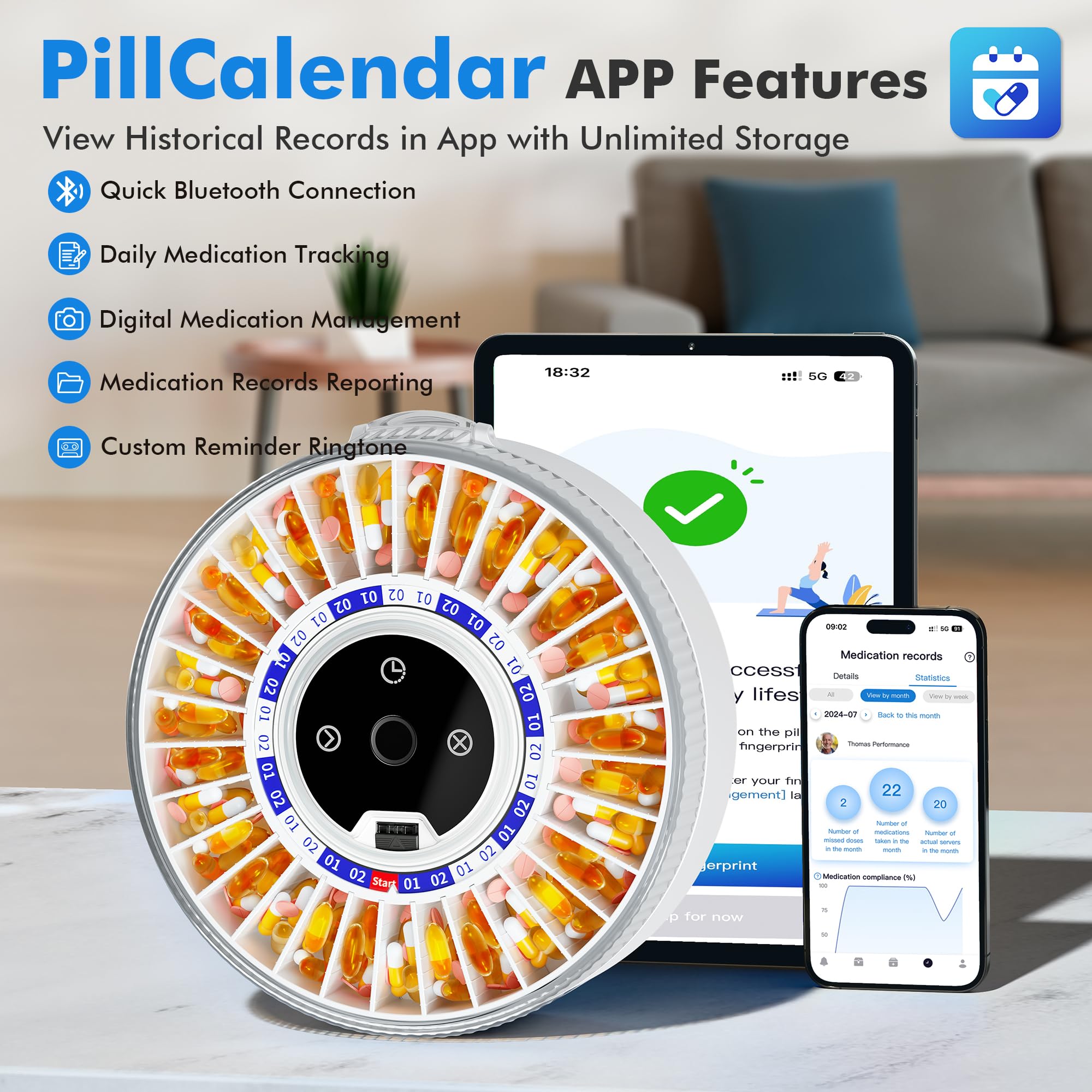 Smart Bluetooth Automatic Pill Dispenser with Alarm - 31-Slot Medication Organizer for Elderly Care | Fingerprint & Mechanical Dual Lock | Timed Dispenser for Daily Medication Management | Perfect for Home Healthcare and Assisted Living Facilities