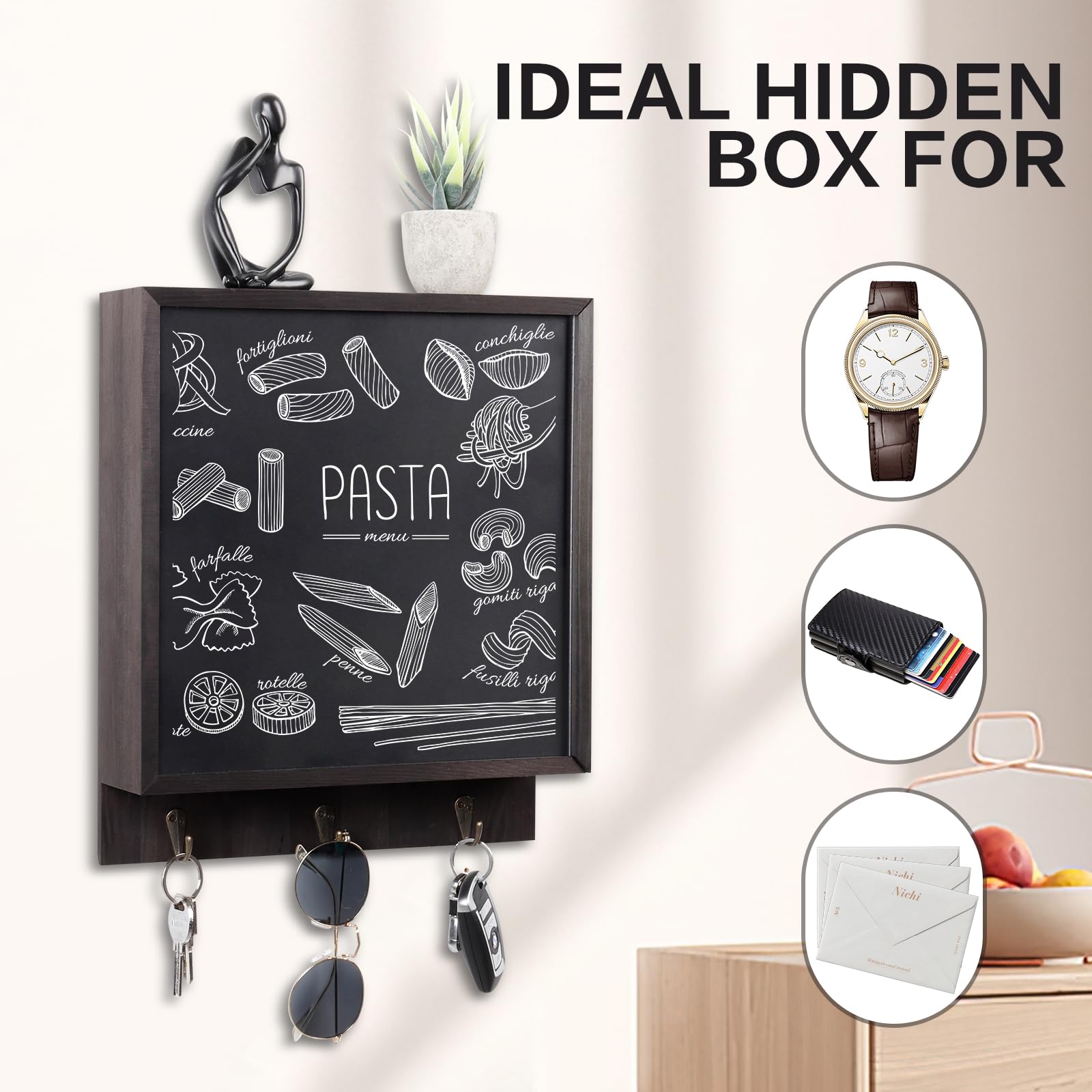 Hidden Gun Storage Safe - Wall Mounted Pistol Rack Shelf with 3 Hooks for Concealed Firearm Security | Secret Decor Wooden Cabinet for Home, Office & Bedroom | Art Storage & Picture Frame Display (Black)