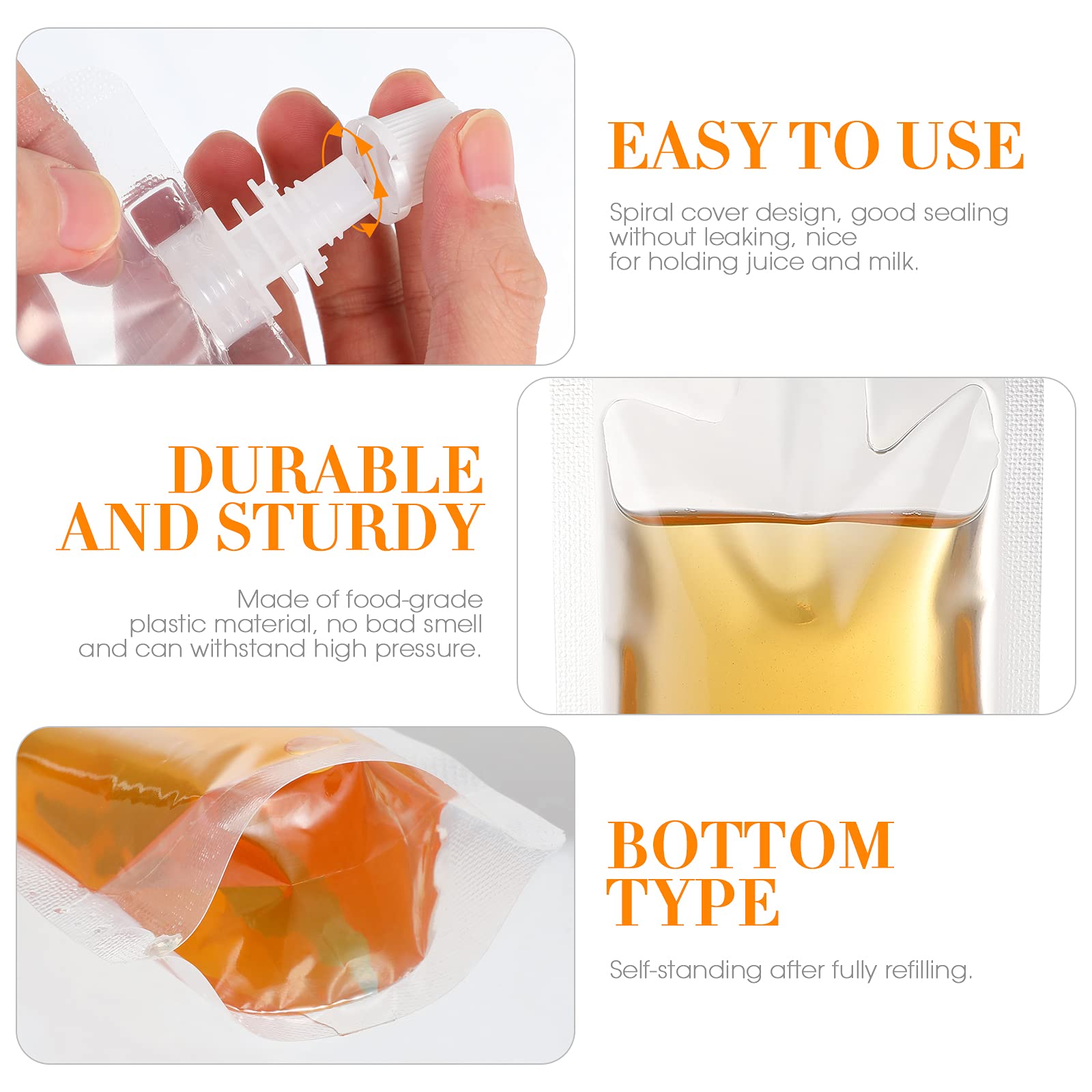 Cabilock 50pcs Reusable 300ml Plastic Drink Pouches - Leak-Proof Liquor Flasks & Juice Bags for Hot/Cold Beverages - Perfect for Parties, Camping, and Outdoor Events