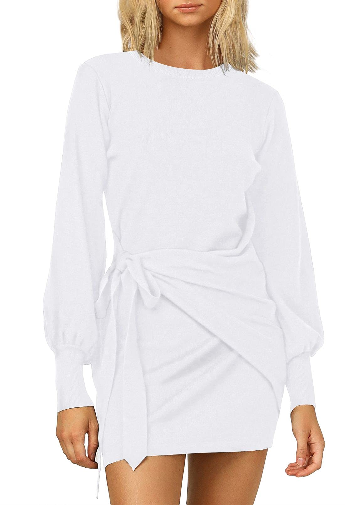 Elegant Women's Long Lantern Sleeve Mini Dress - Crewneck Tie Waist Knit Cocktail Dress for Party, Wedding & Night Out | Plus Size & Petite Options