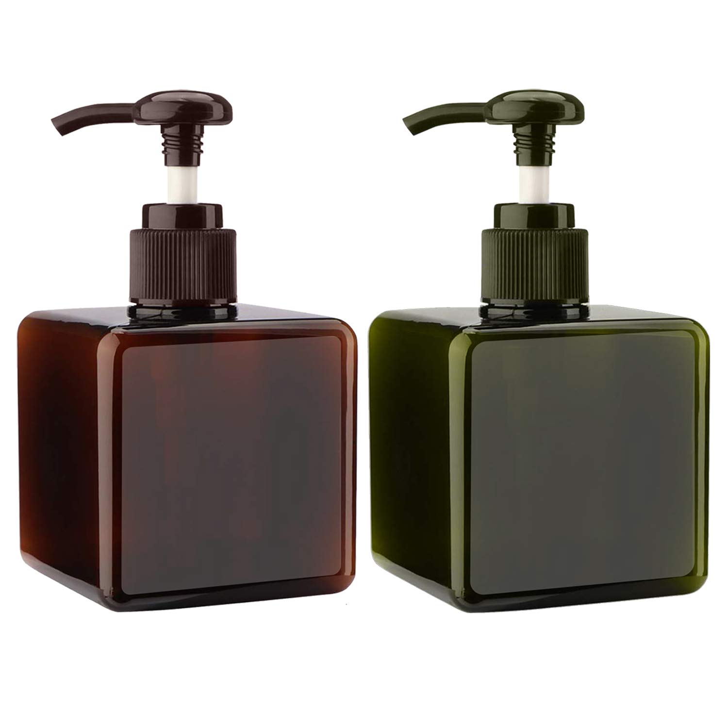 Alledomain 2-Pack 250ml (8.5oz) Empty Refillable Plastic Pump Dispenser Bottles - Square Lotion, Shampoo & Body Wash Containers for Bathroom, Travel & Toiletries Organization (Green + Brown) - Ideal for Shower Storage & Liquid Dispensing