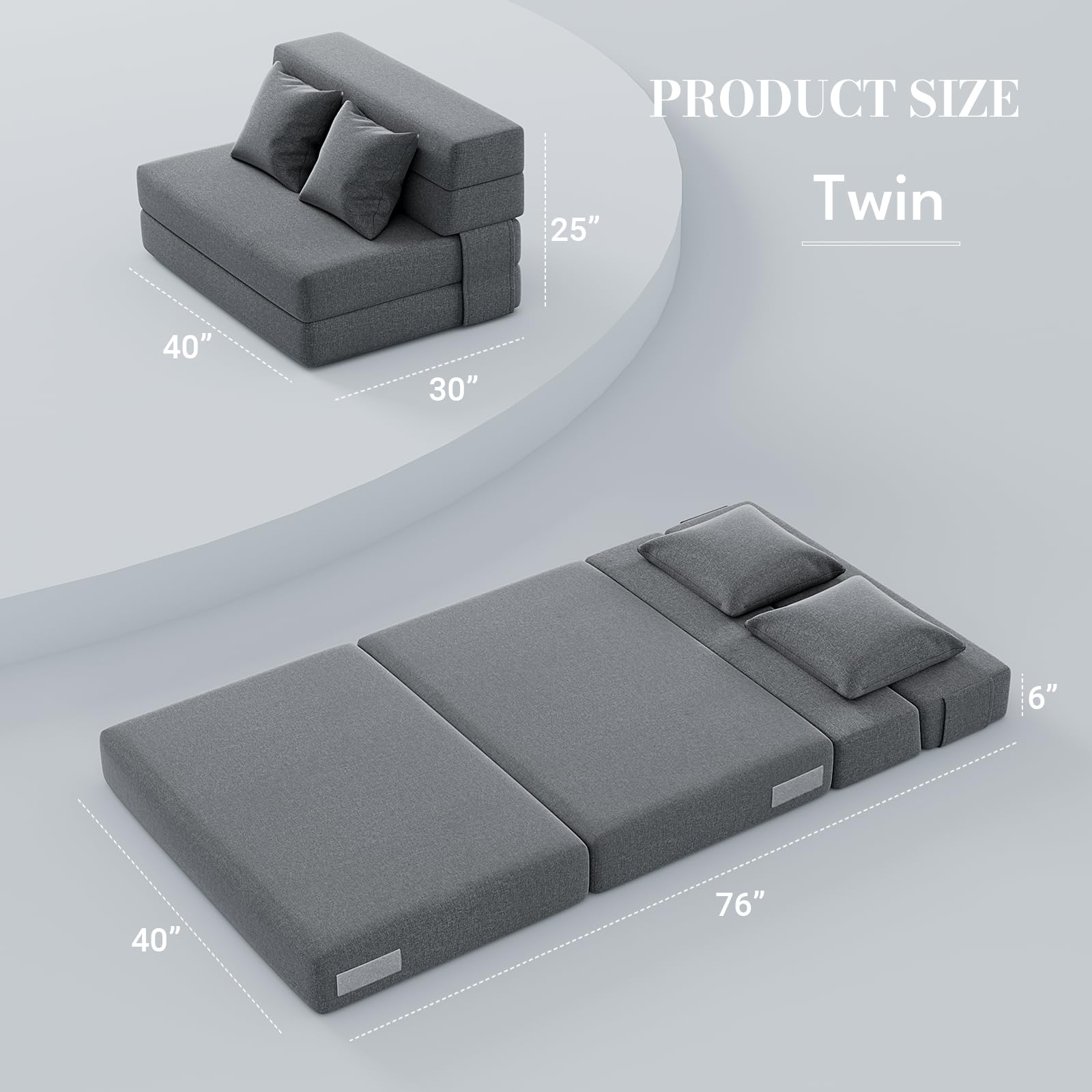 IULULU Folding Sofa Bed with 2 Pillows - Convertible Sleeper Floor Couch with Foldable Foam Mattress - Twin Size for Living Room, Dorm, Guest Room & Small Apartments - Perfect for Overnight Guests, Lounging & Space-Saving Solutions