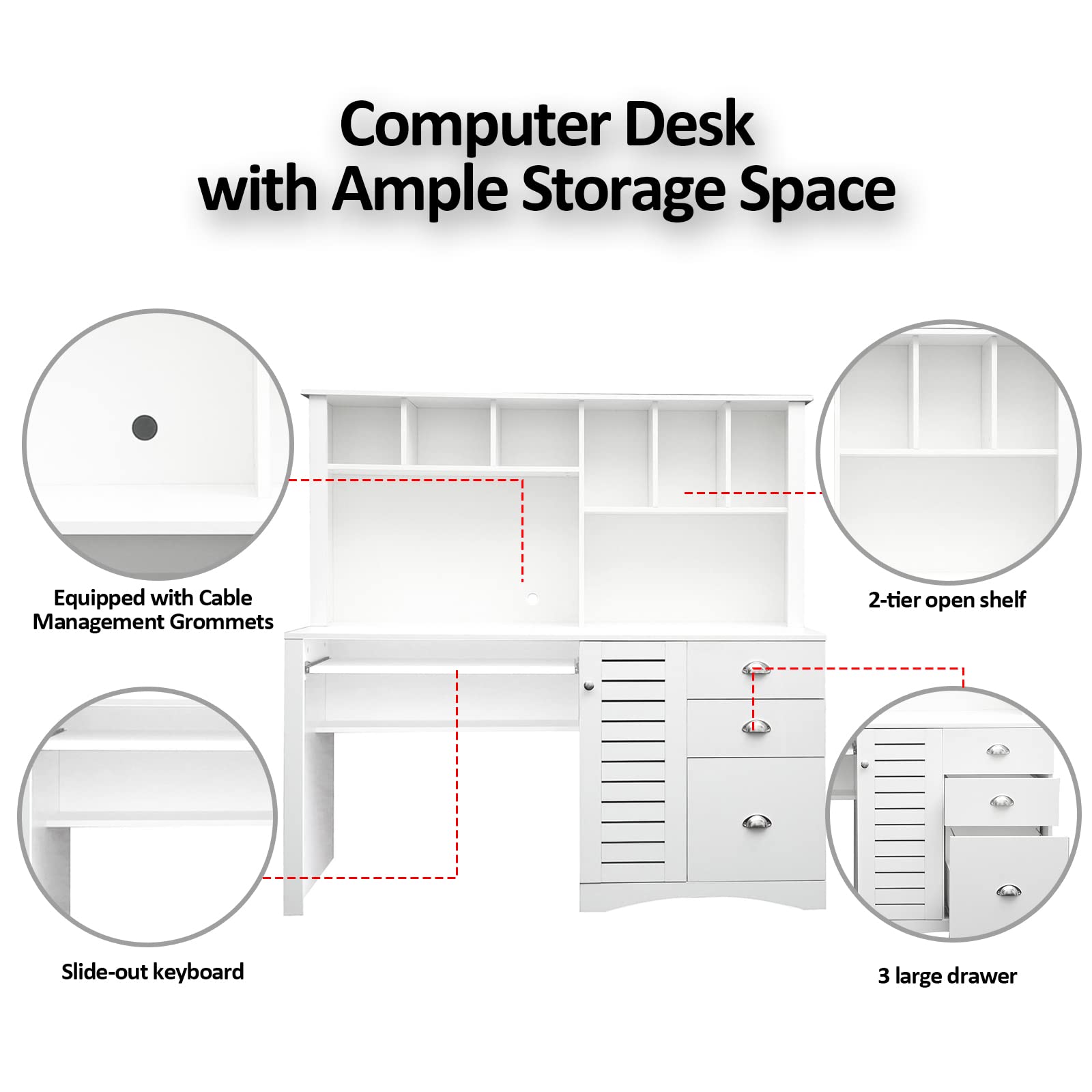 Holaki Wooden Computer Desk with Drawers & Bookshelf - Space Saving Executive Desk for Home Office, Study, or Dorm Room - Includes Keyboard Tray & Hutch in Antiqued White Finish - Perfect for Students, Teens, and Small Spaces