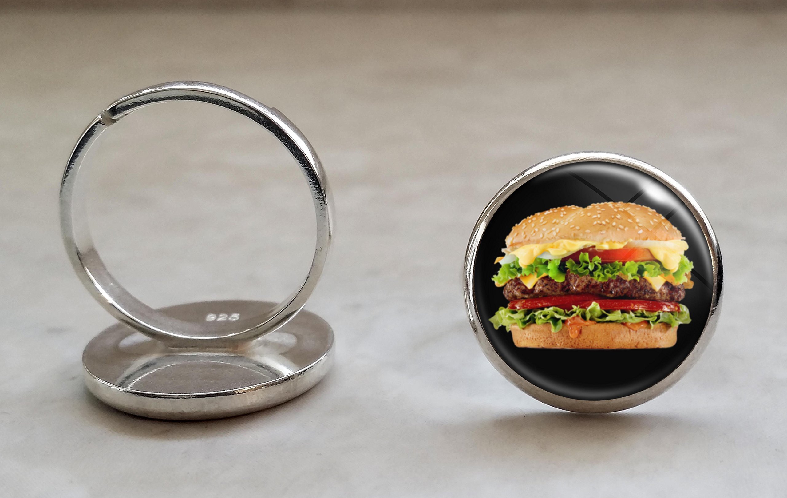 Sterling Silver Hamburger Burger Fast Food Adjustable Ring for Women & Men - Perfect for Fast Food Lovers, Gift for Chefs & Foodies, Unique Jewelry for Casual Wear & Themed Parties