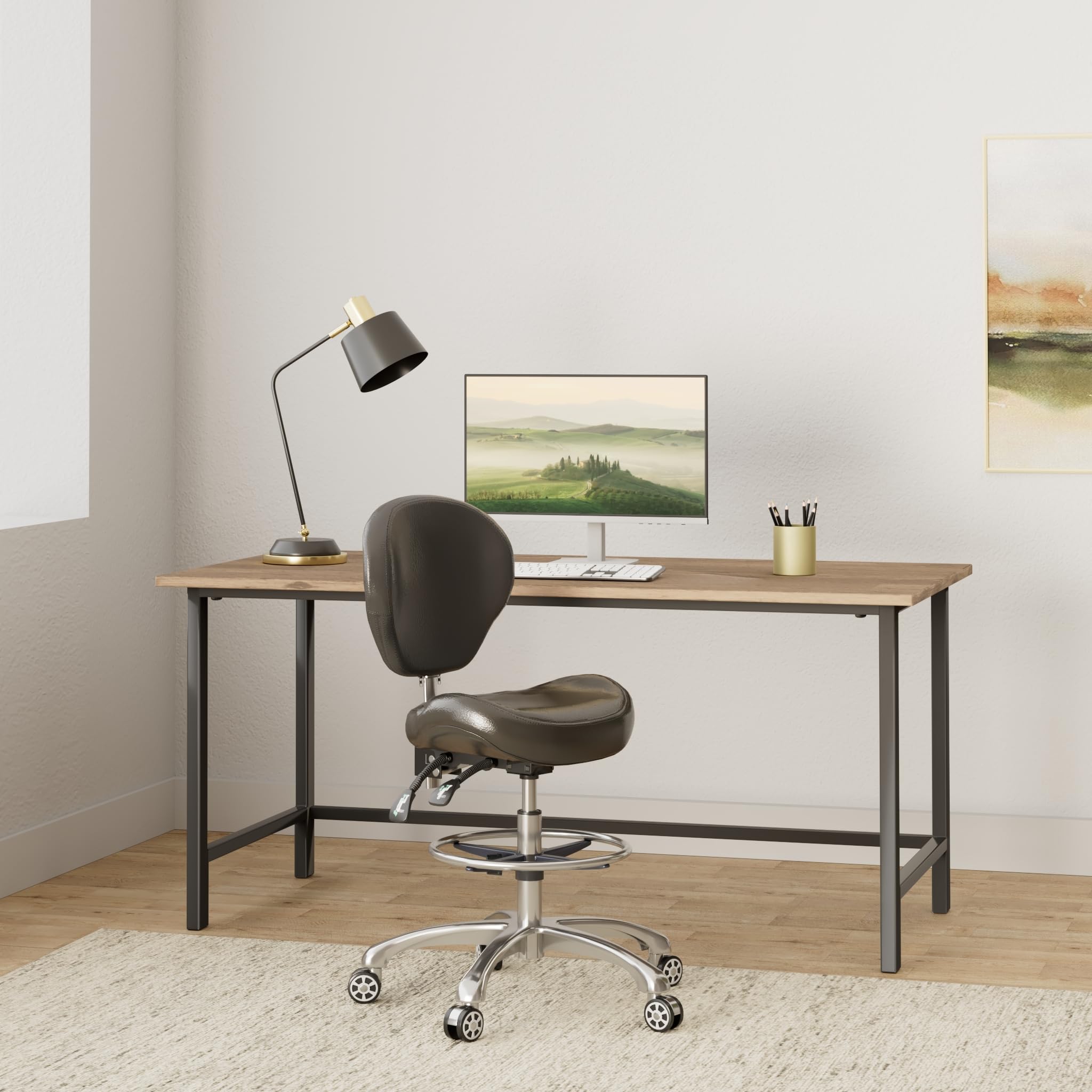 Ergonomic Drafting Stool with Back Support - Adjustable Height Rolling Office Chair with Wheels for Computer Work, Home Office, Studio & Crafting - Comfortable Black Shop Stool for Artists, Designers & Professionals