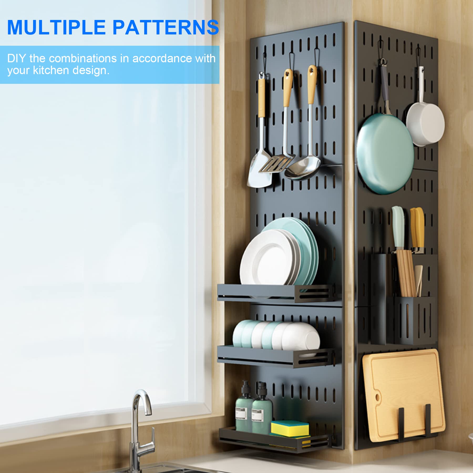 Wall Mounted Kitchen Organizer - Space Saving Pot & Pan Rack Set with Multiple Hooks & Holders - Removable Silverware Storage for Utensils, Veggies & More (5-Piece Set) - Perfect for Small Kitchens, Pantry Organization & Cooking Essentials Storage