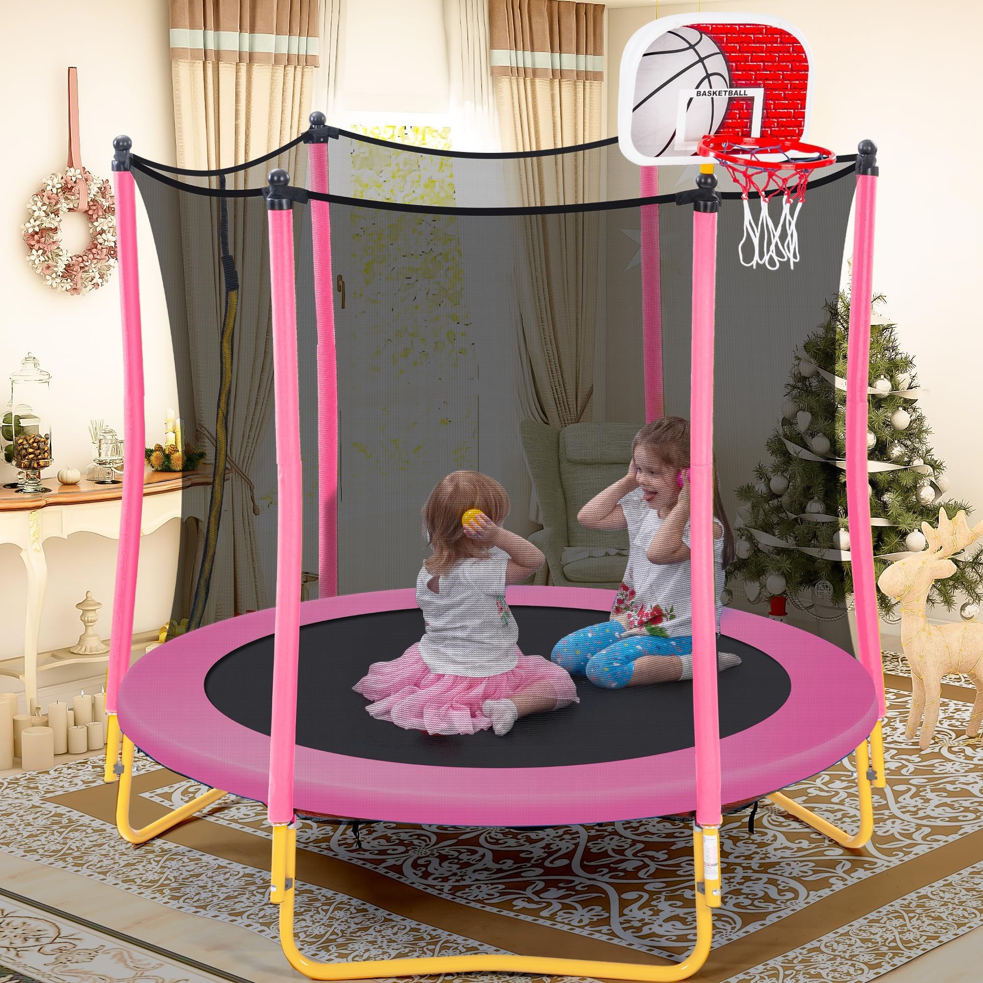 **Merax 66'' Kids Trampoline with Basketball Hoop, Rubber Ball & Safety Enclosure Net – 5.5FT Mini Trampoline for Toddlers (Ages 1-8) – Indoor & Outdoor Use – Perfect Birthday Gift for Active Play & Exercise**