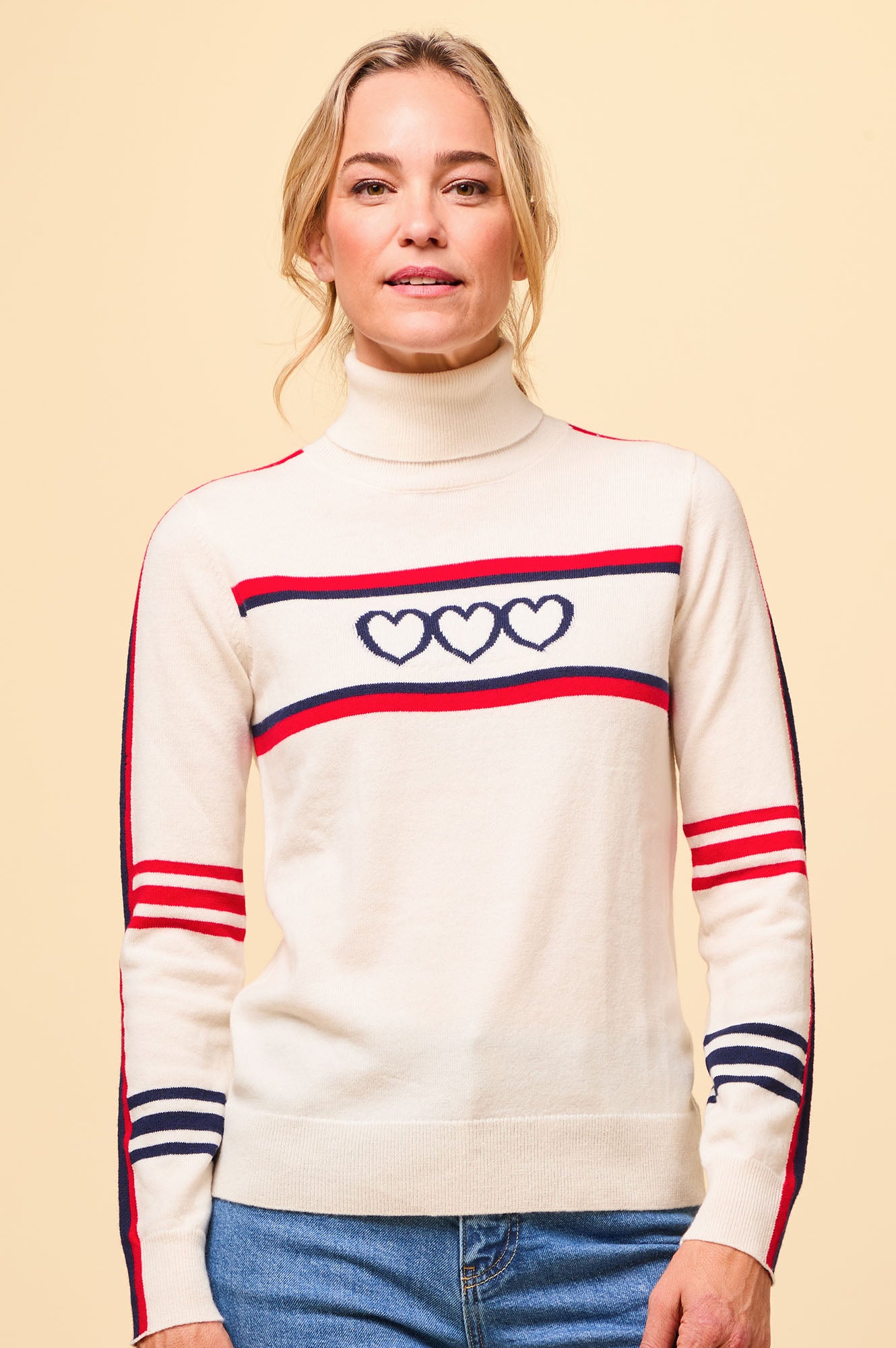 Premium Merino Wool Hearts Polo Neck Sweater for Men & Women | Soft & Warm Winter Knitwear | Cream, Red, Navy | Perfect for Christmas Gifts & Casual Outfits