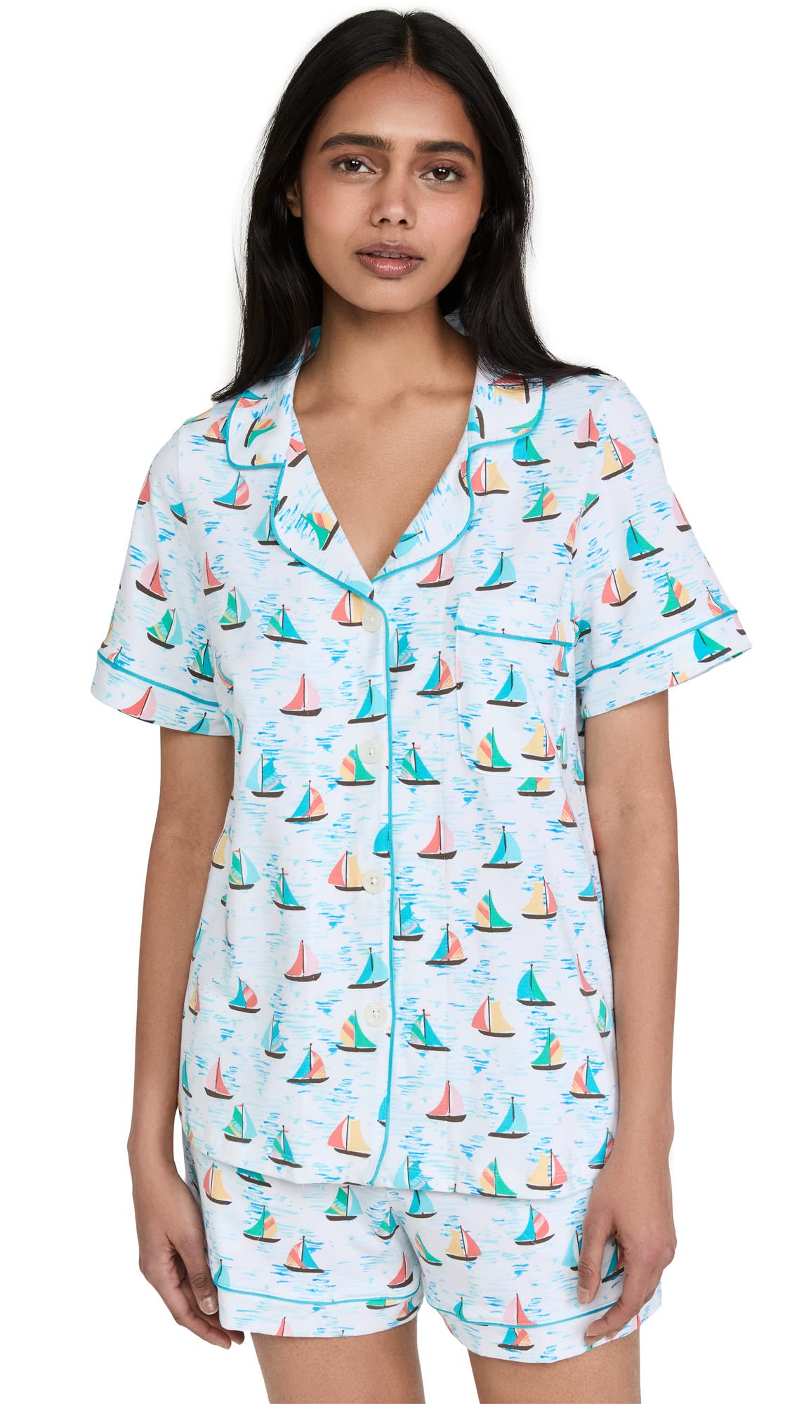 BedHead Pajamas Women's Short Sleeve Classic Shorty PJ Set - Soft Cotton Sleepwear, Blue Regatta Print, Size M - Perfect for Lounge, Sleep & Relaxation at Home
