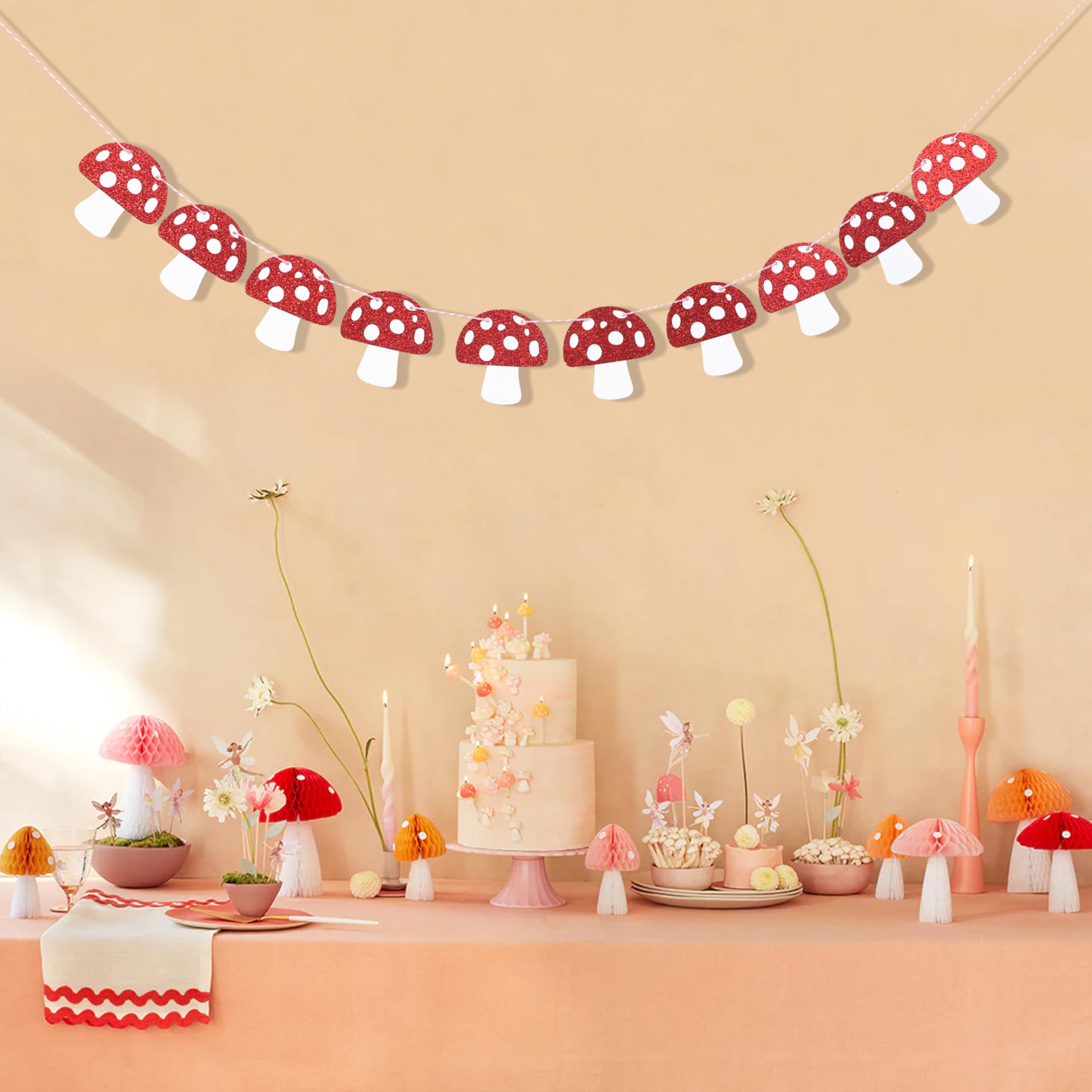 Red Glitter Mushroom Garland - Woodland Party Decorations, Fairy Birthday Banner, Mushroom Theme Party Supplies for Forest Themed Events, Baby Showers & Boho Home Decor