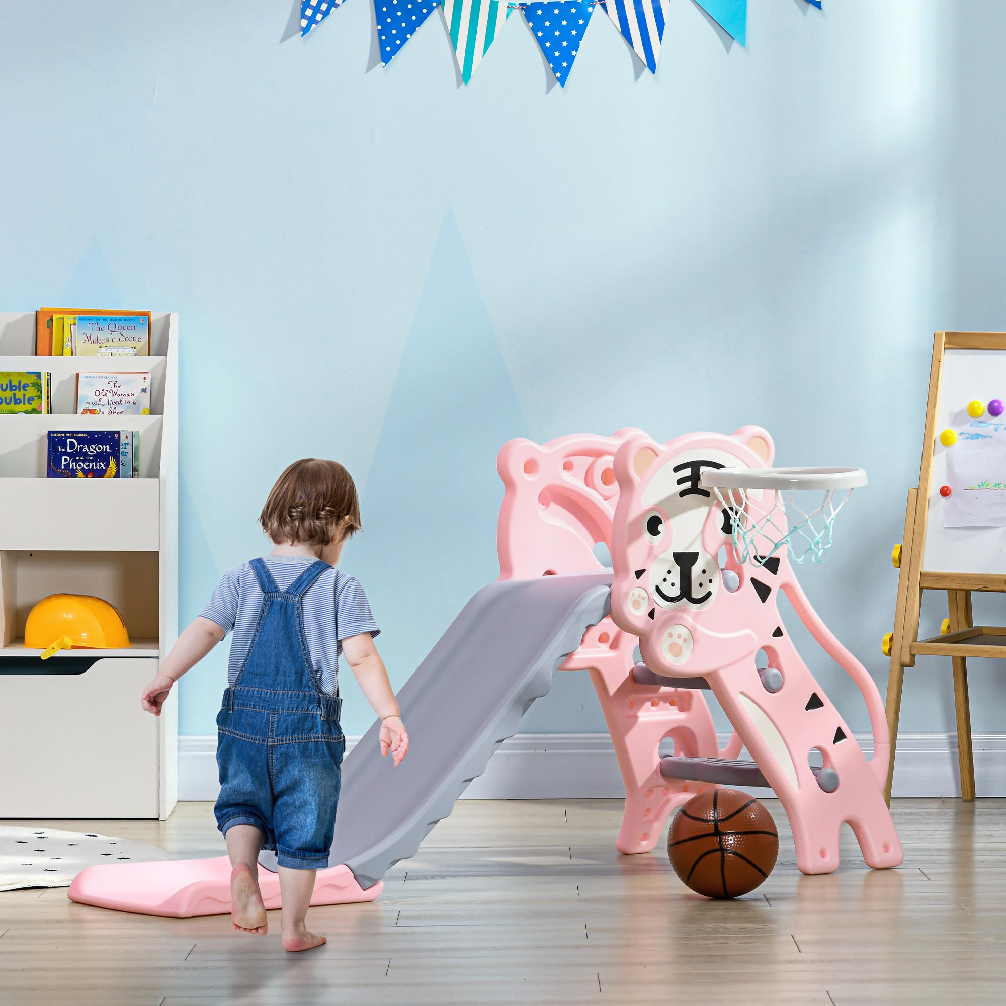 Qaba 3-in-1 Indoor Toddler Slide Playset with Basketball Hoop & Climber - Easy Assembly for Kids 18-36 Months - Tiger Design Pink Slide for Home Playroom, Daycare or Backyard Fun