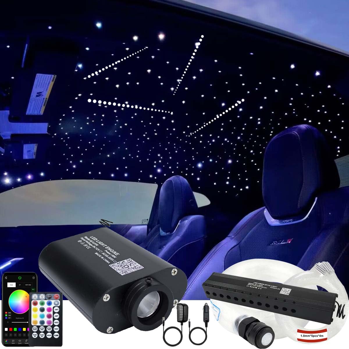 AZIMOM 16W RGBW LED Bluetooth Fiber Optic Light Kit - 550pcs 13ft Meteor Star Ceiling Lighting with Music Mode & APP Control for Sensory Rooms, Cars, Home Decor | Indoor Mood Lighting & Party Atmosphere
