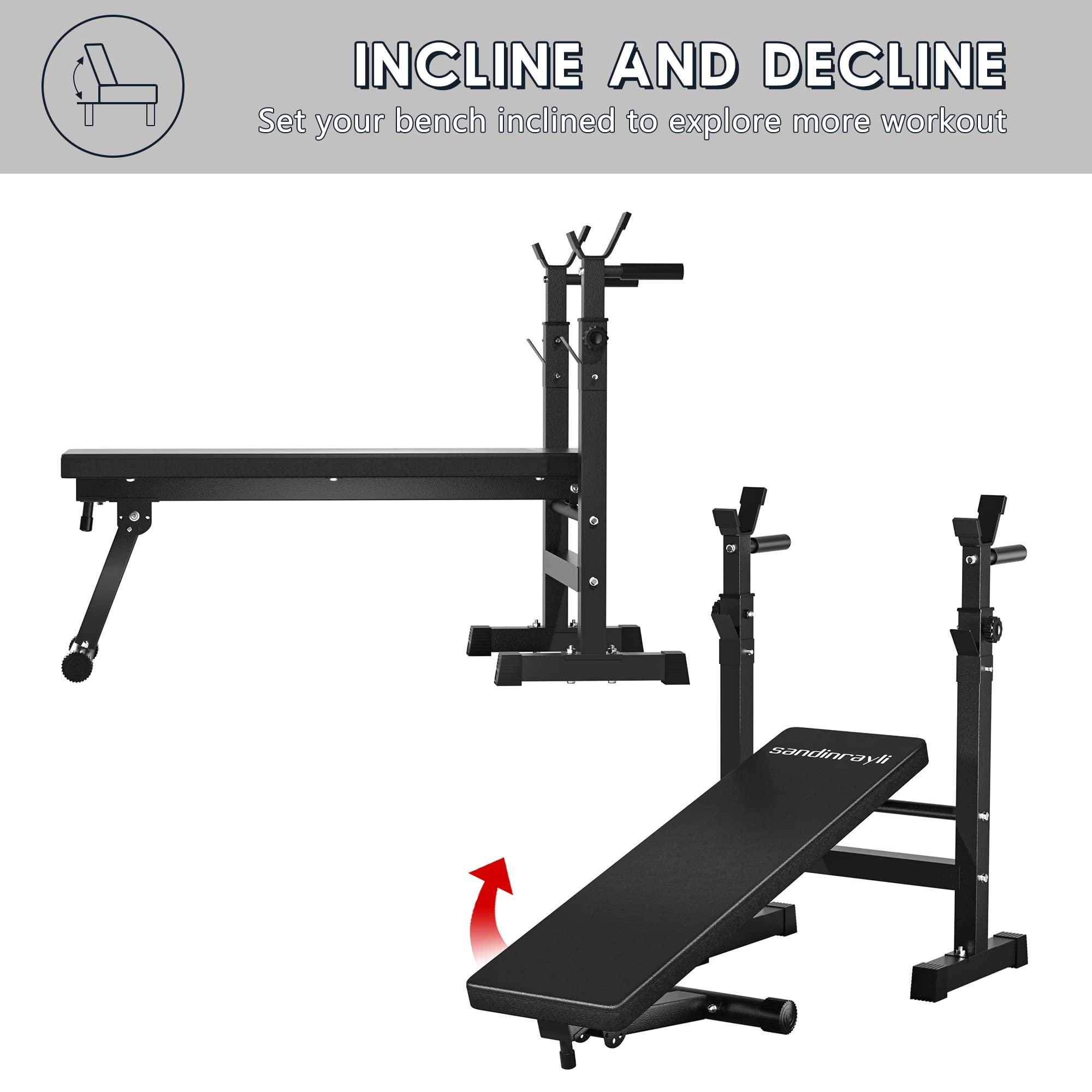 Sandinrayli Adjustable Weight Bench for Home Gym - Foldable Bench Press with Barbell Rack, Full Body Workout Equipment for Strength Training | Perfect for Small Spaces & Home Fitness Routines