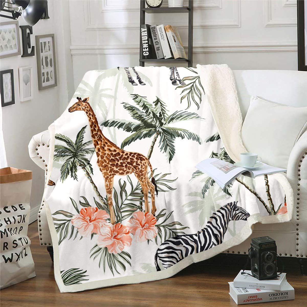Soft Giraffe Zebra Sherpa Fleece Throw Blanket - 50x60 Inch Plush Exotic Animal Print Blanket with Tropical Leaves & Botanical Floral Design for Girls - Cozy Fuzzy Blanket for Sofa, Bed, Couch - Perfect for Winter Warmth, Home Decor, and Gift Giving