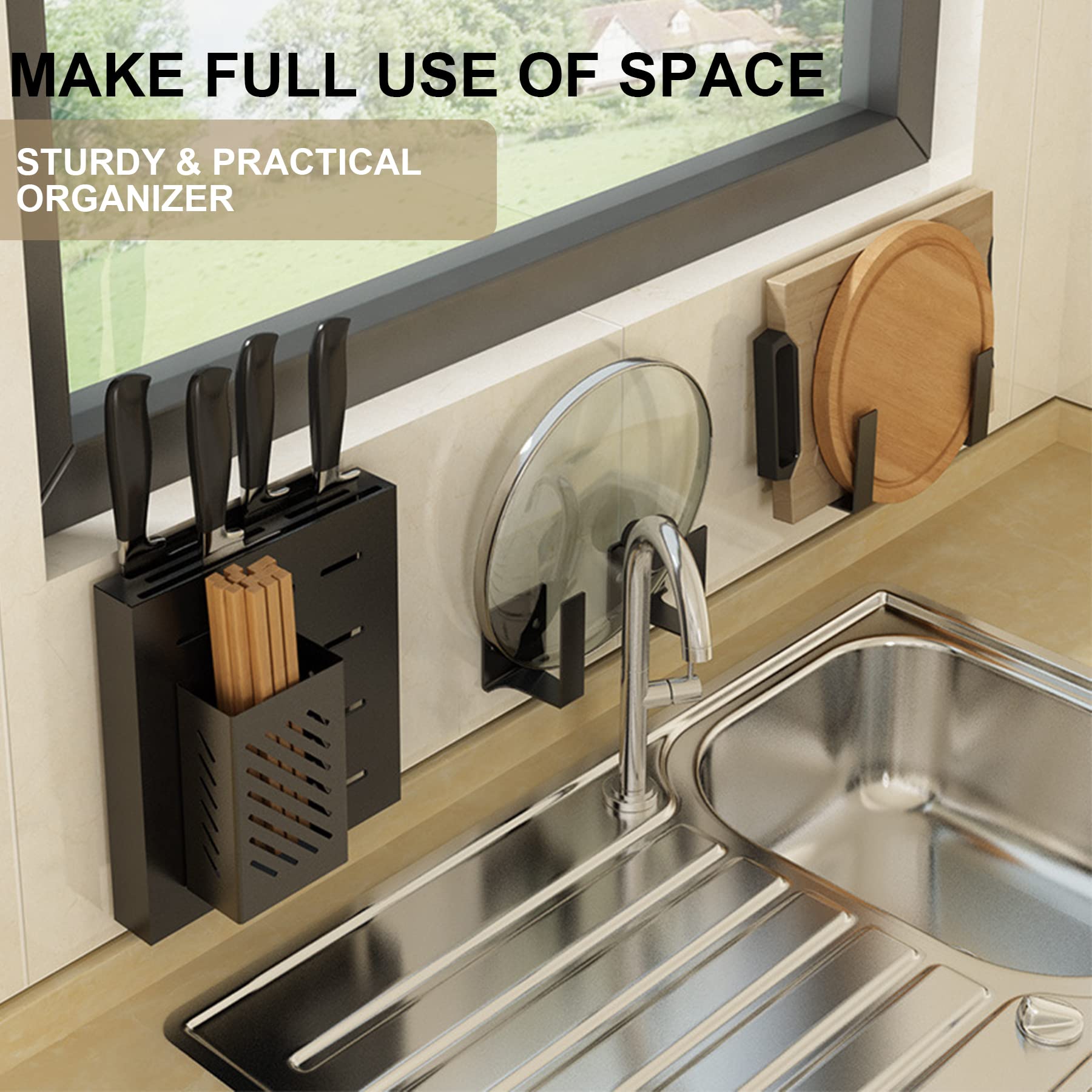 Wall Mounted Kitchen Organizer & Storage Rack - Space Saving Pot Lid Holder, Pan Rack & Utensil Organizer for Seasonings, Silverware, Cutting Boards & Dishes | Perfect for Small Kitchens & Apartment Cooking