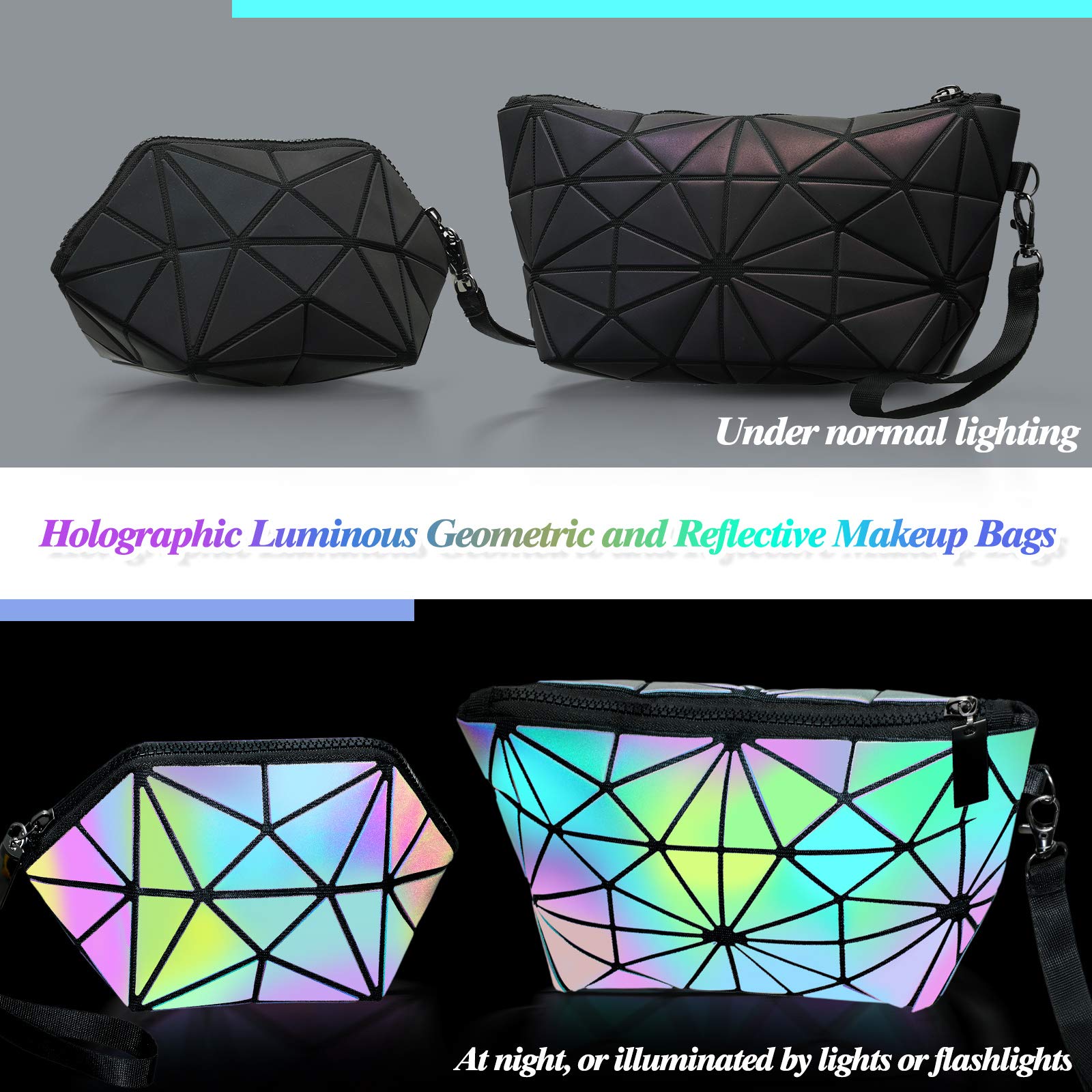 WeeWooday 3-Piece Travel Makeup Bag Set for Women - Waterproof Cosmetic Organizer with Wrist Strap, Holographic Luminous Design - Perfect for Travel, Gym & Daily Use