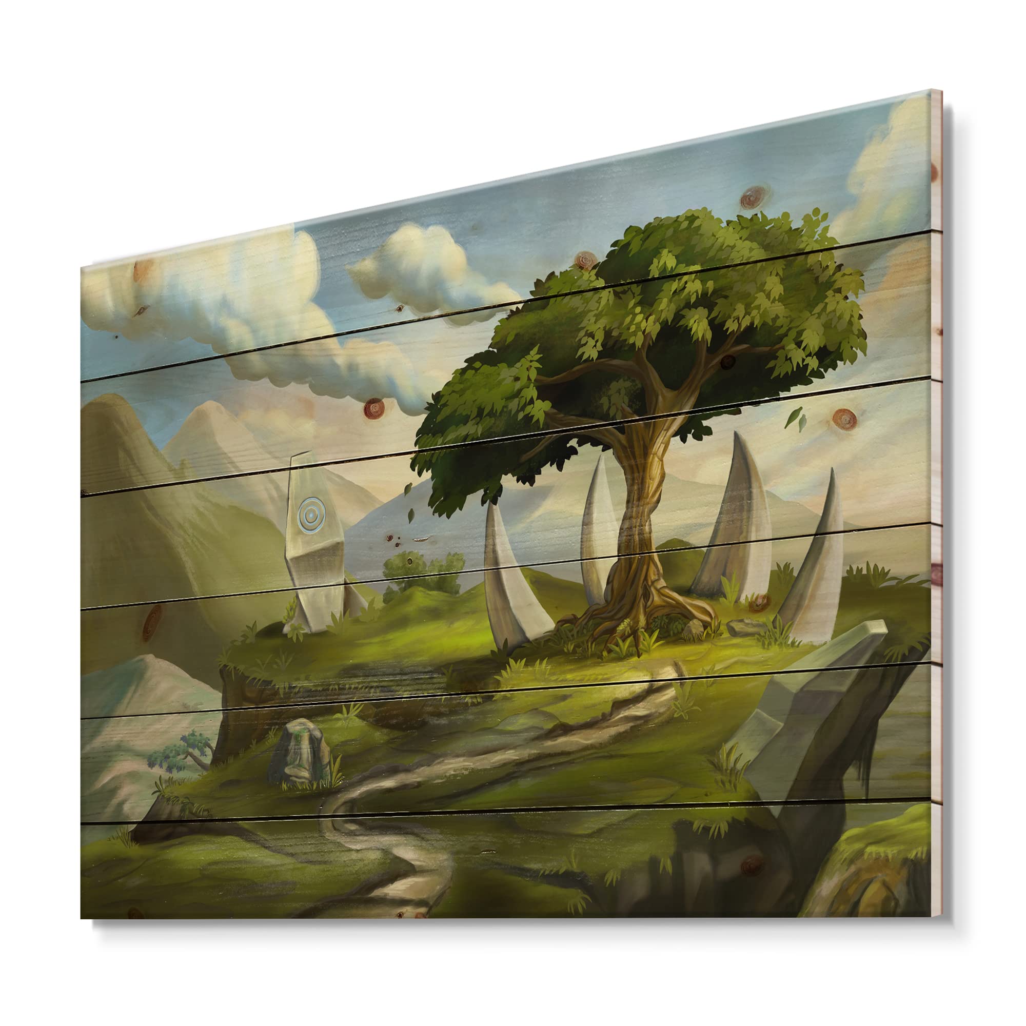 Fantasy Landscape Sacred Tree Wood Wall Art - Traditional Green Wood Wall Decor, Large Pine Wood Panel Prints for Living Room, Bedroom & Office Decor