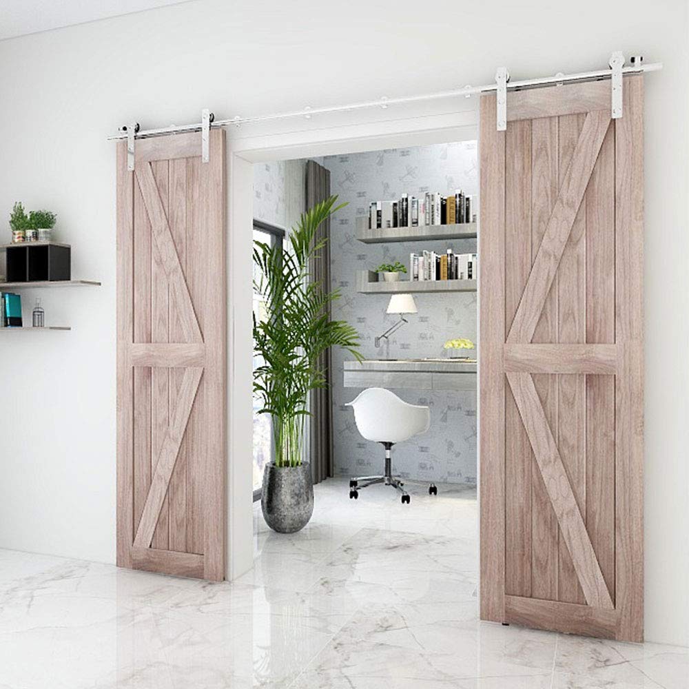 TSMST 9.6FT Heavy Duty Stainless Steel Sliding Barn Door Hardware Kit - Top Mount Track for Double Wood Doors | Smooth & Quiet L-Style Design | Perfect for Bedrooms, Closets & Farmhouse Style Homes