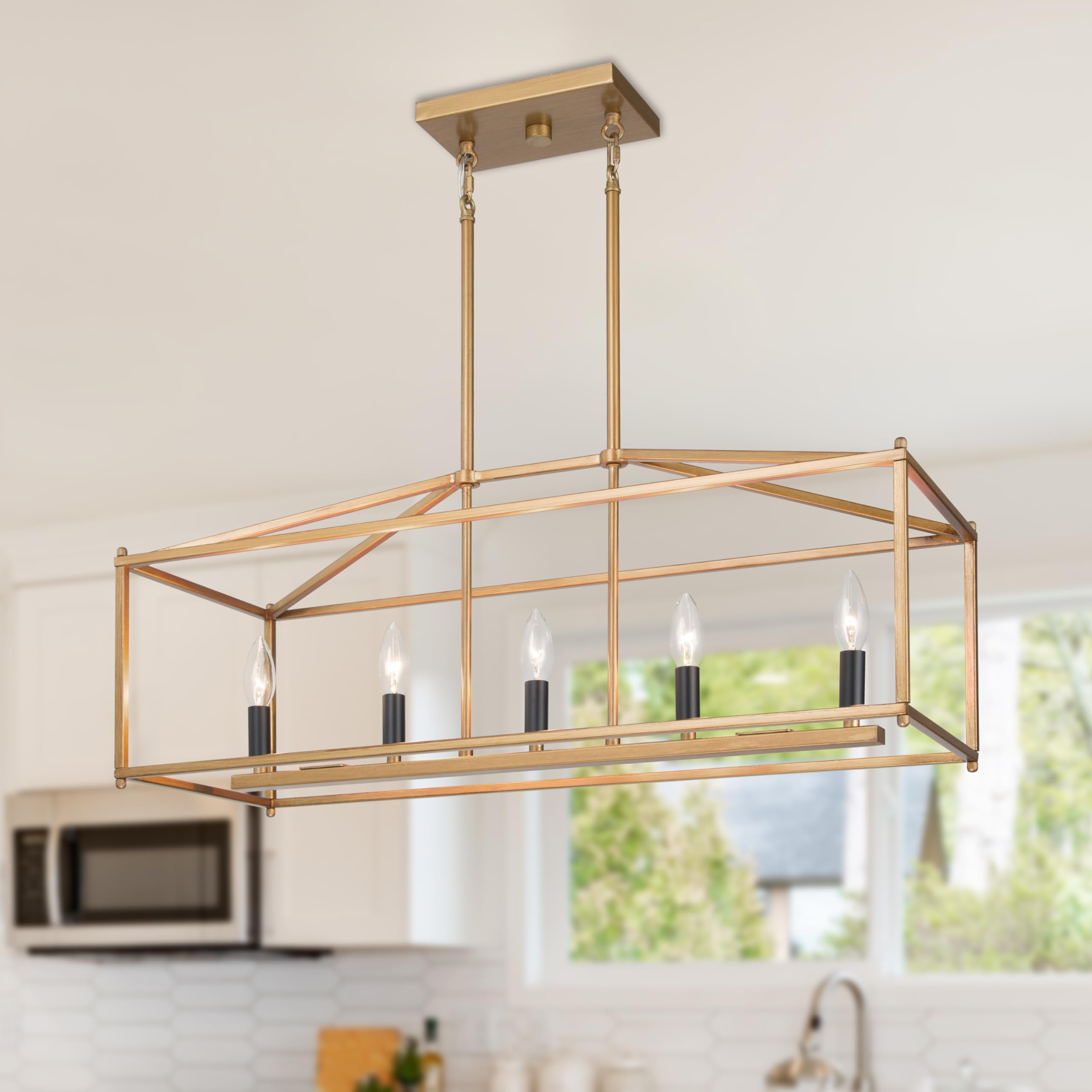LOG BARN Gold Island Chandelier - Modern Linear LED Pendant Light Fixture for Dining Room, Kitchen Island | Dimmable Hanging Light for Home Decor, Restaurant Lighting