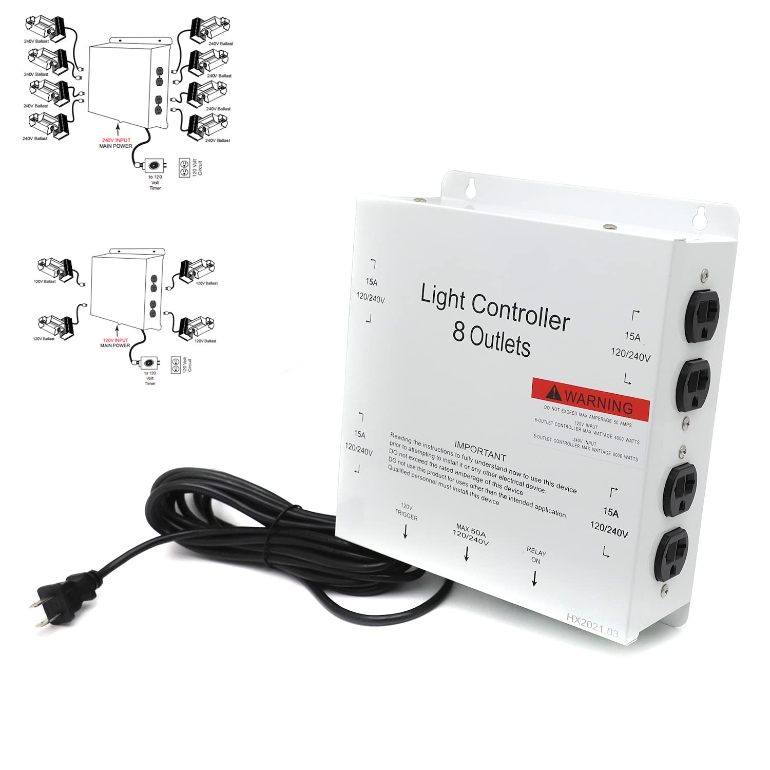 HTTMT 8-Light HID Hydroponic Ballast Controller with Trigger Cord - 120V/240V 50A Master Electric Box for Indoor Gardening, Greenhouse, Lawn & Patio Plant Growth | Perfect for Commercial Grow Rooms & Home Hydroponic Systems [P/N: ET-TOOL036-WHITE]