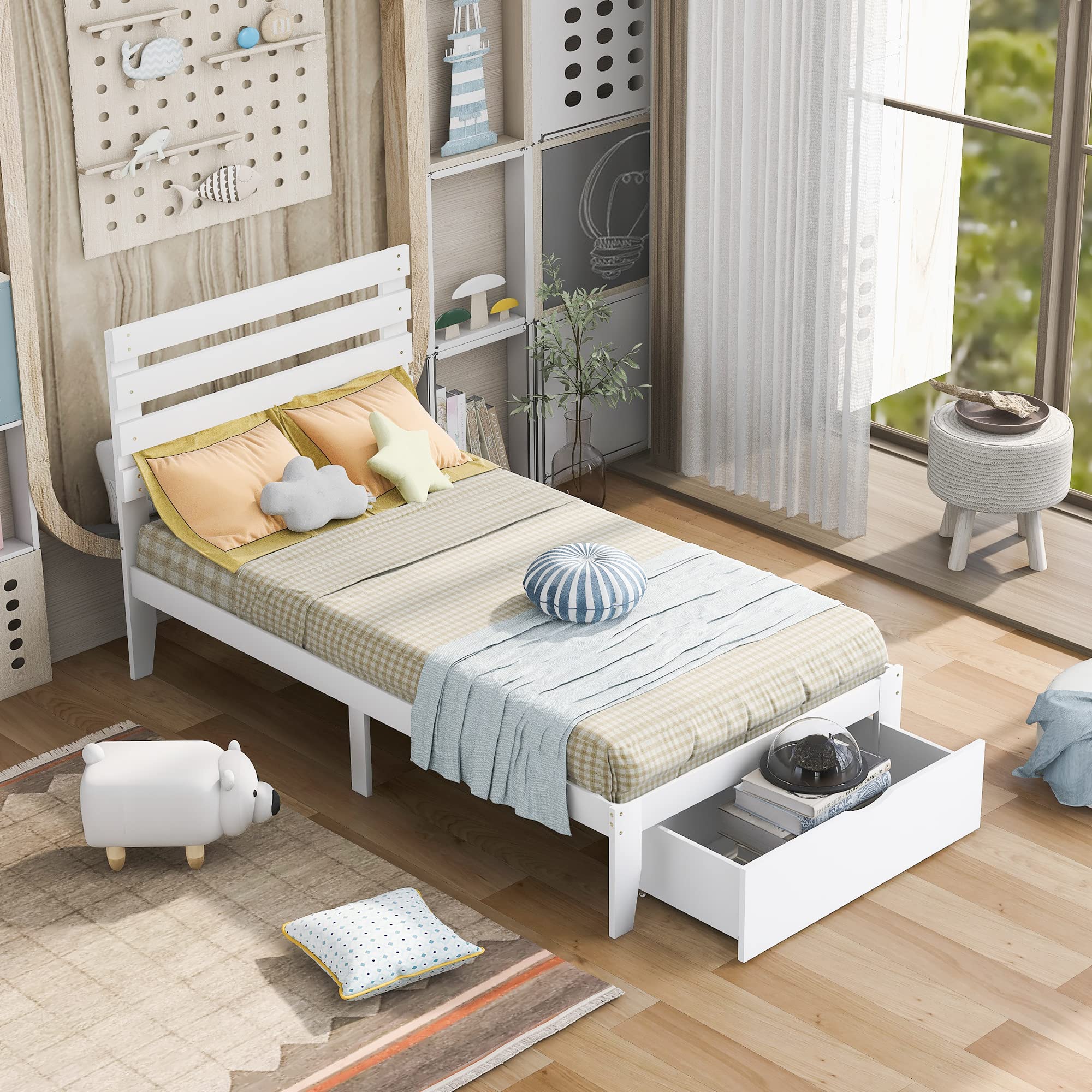 Twin Storage Bed with Drawer - Solid Wood Platform Bed Frame with Headboard for Bedroom & Living Room - Wood Slat Support, No Box Spring Needed - Perfect for Small Spaces & Guest Rooms