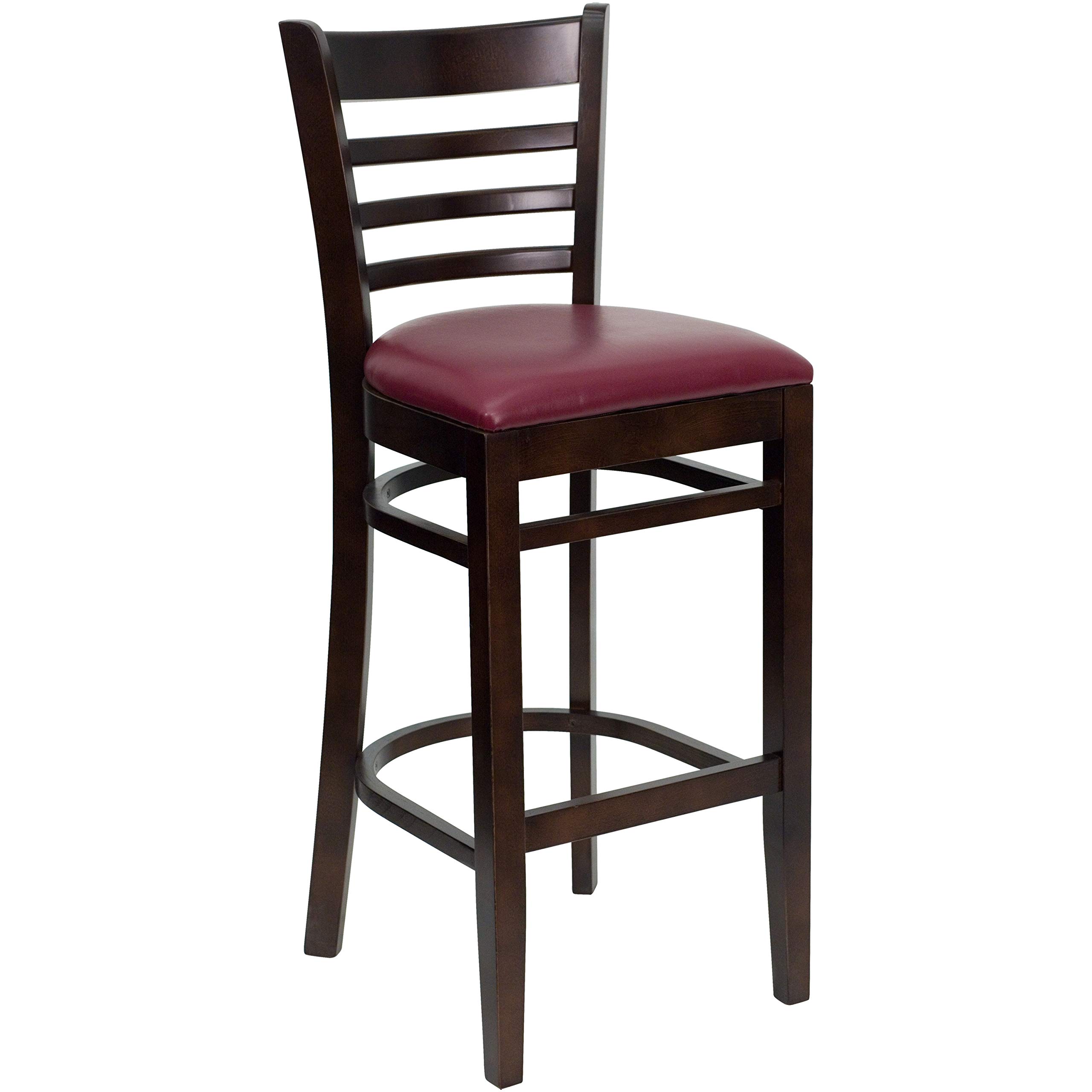2 Pack Walnut Wood Bar Stools with Burgundy Vinyl Upholstered Seats - Rustic Ladder Back Design for Kitchen Island, Breakfast Bar & Restaurant Counter Stools - Durable & Comfortable Dining Chairs