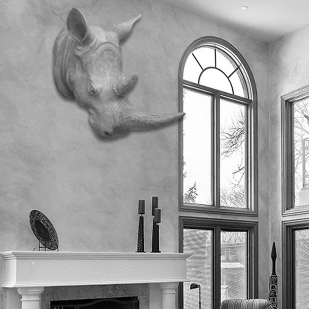 Creative Silver Rhino Head Wall Sculpture - 27.7x34.2x17.3cm Animal Wall Art for Living Room, Porch & Corridor Decor | Unique Home & Office Decoration