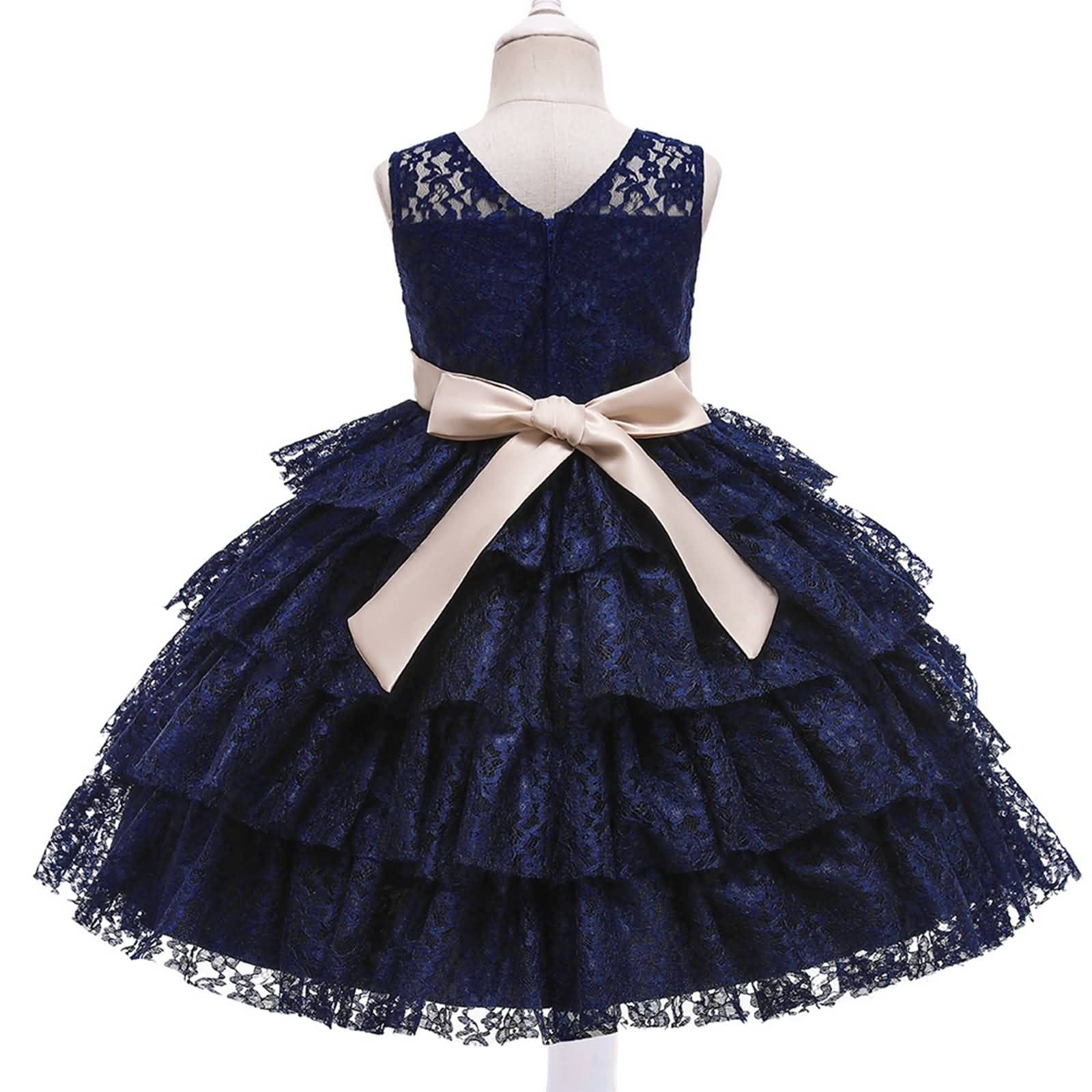 Gualiy Girls Navy Blue Lace Puffy Dress with Flower and Tie Waist - Elegant Birthday Party Gown for Ages 4-10 Years | Perfect for Birthday Parties, Weddings, and Special Occasions