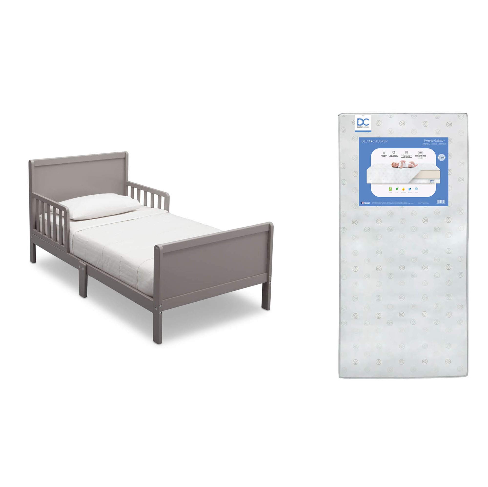 Delta Children Fancy Toddler Bed with Grey Twinkle Galaxy Design & Dual-Sided Recycled Fiber Core Mattress - Safe Crib Mattress for Kids | Nursery, Bedroom & Daycare Use