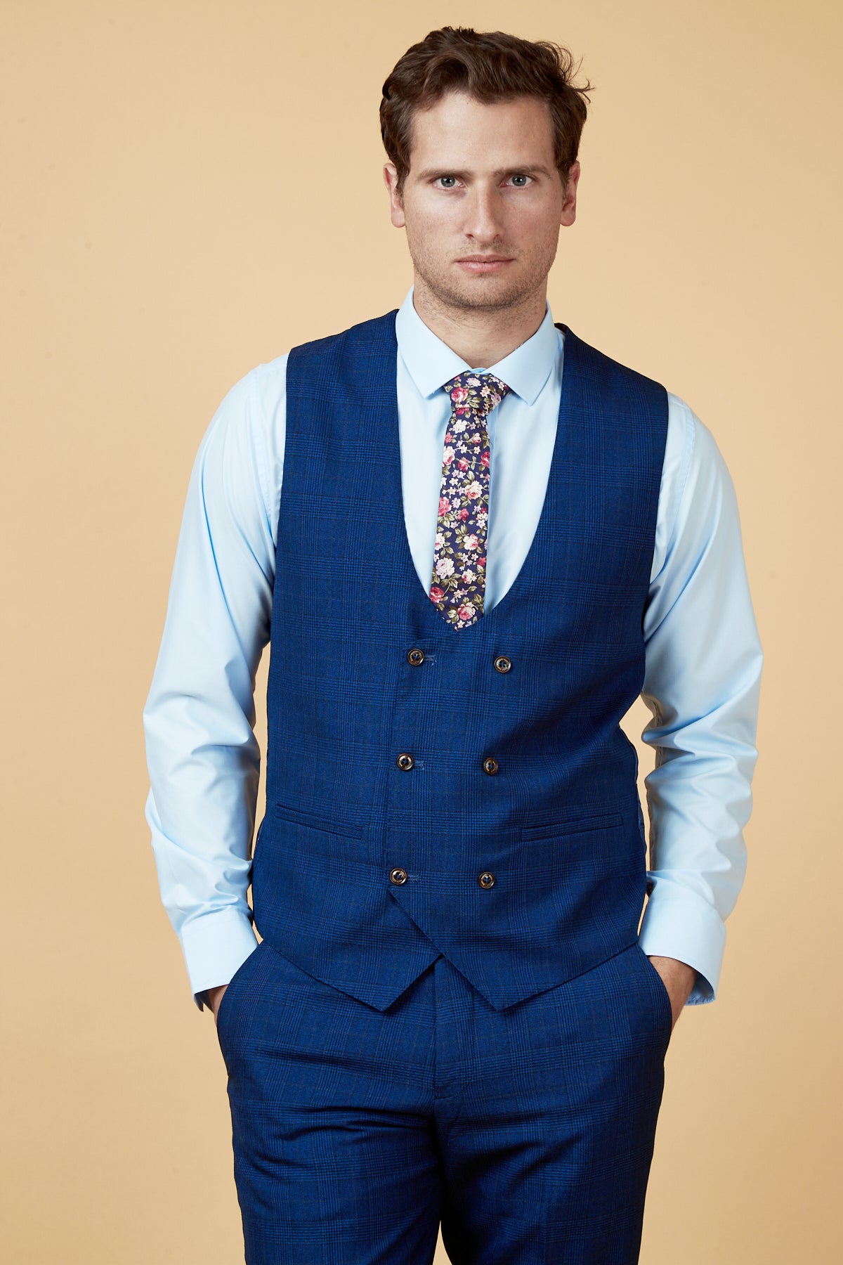 GEORGE Royal Blue Check Three Piece Suit for Men | Formal Business Attire | Wedding & Office Wear