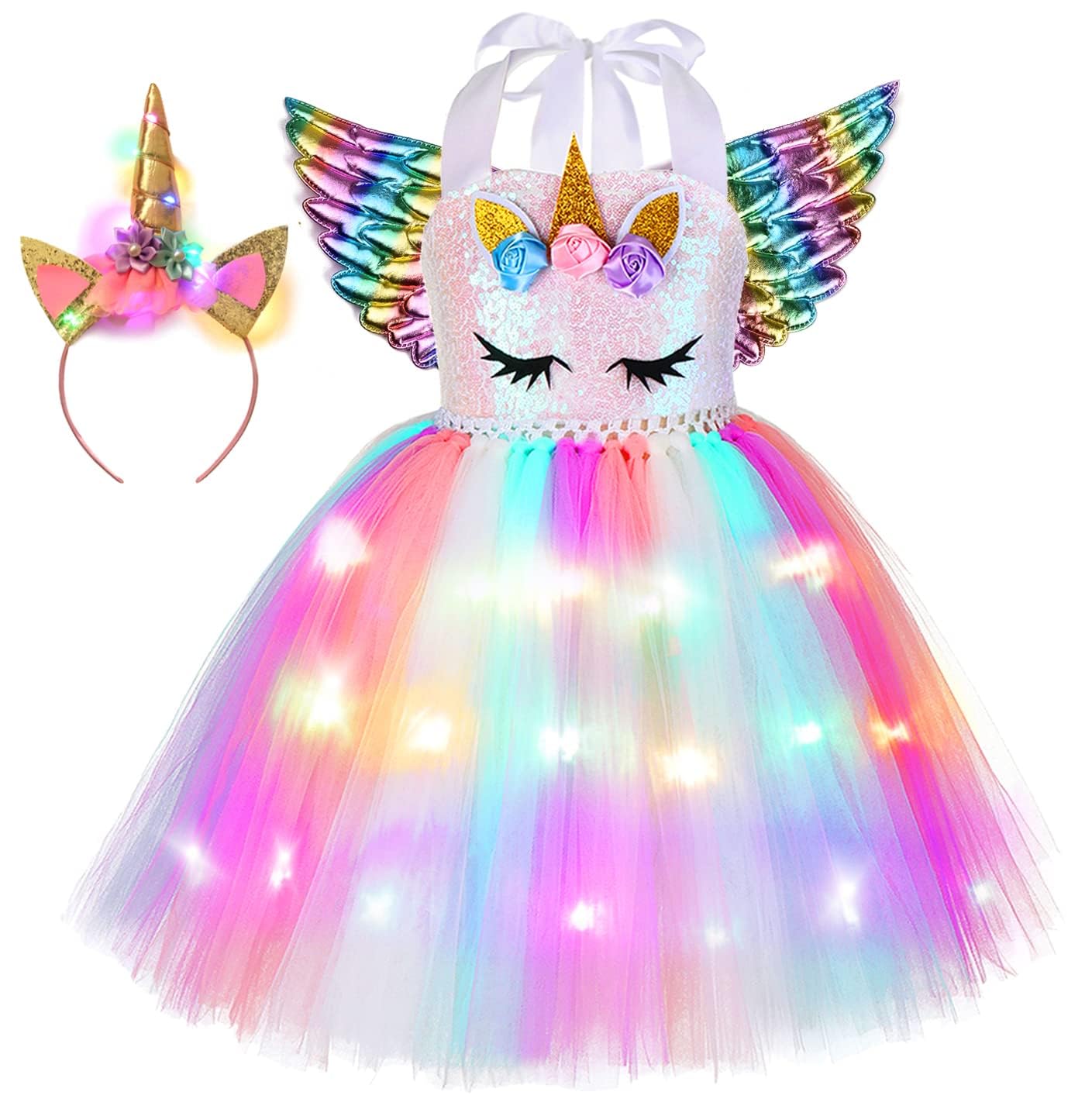 LED Unicorn Costume for Girls - Light Up Rainbow Pink Tutu Dress with Headband for Halloween, Birthday & Holiday Parties | Magical Dress-Up Play & Photo Shoots