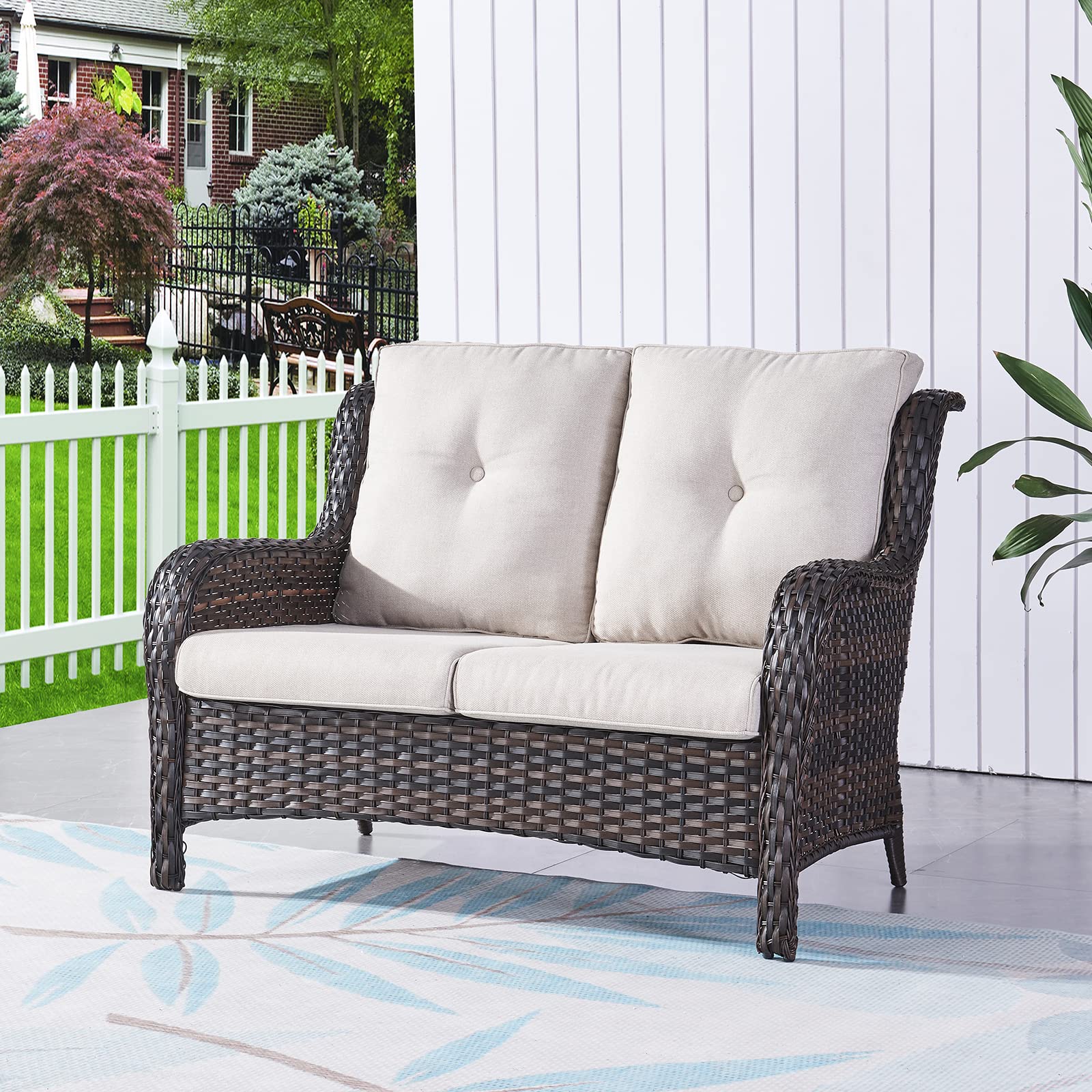 Outdoor Loveseat Wicker Patio Sofa - 2-Seat Rattan Outdoor Couch with Deep Seating & Cushions, Water-Resistant Patio Furniture for Porch, Deck, Balcony, Garden - Brown/Beige - Perfect for Relaxing & Entertaining Outdoors