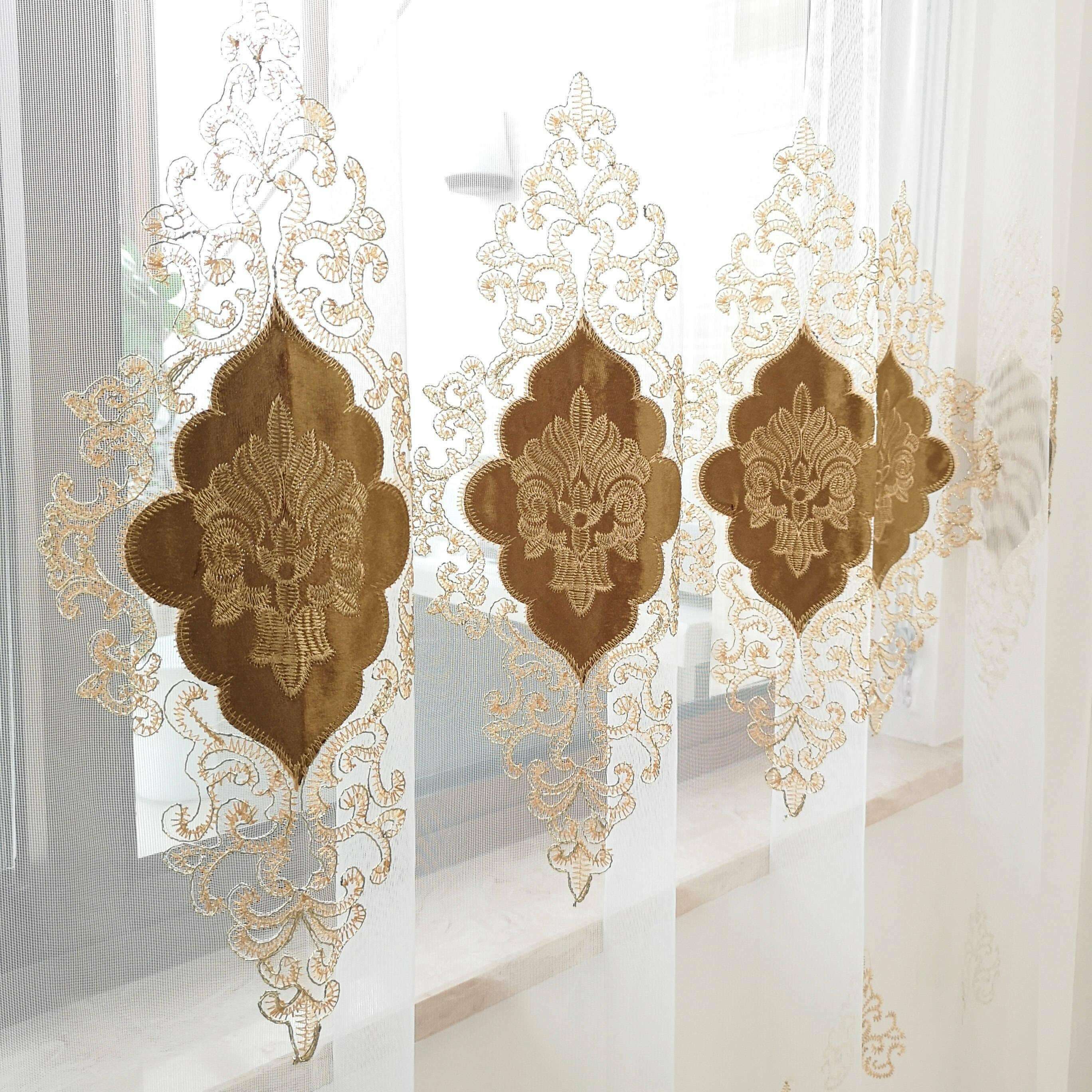 Brittany Velvet Embroidered White Sheer Brown Curtains - Elegant Window Treatments for Living Room, Bedroom & Home Decor