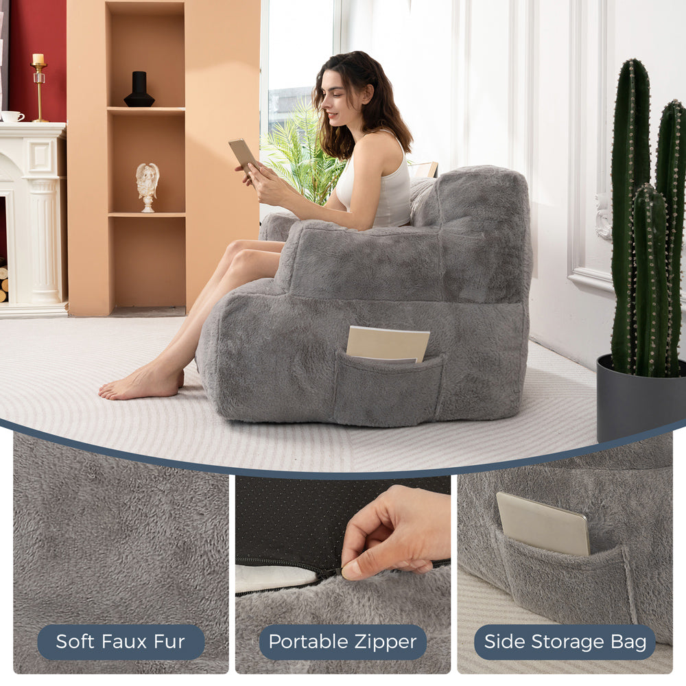 MAXYOYO Bean Bag Chair for Adults & Kids - Oversized Lazy Sofa with Armrests, Soft Grey Faux Fur - Perfect for Living Room, Bedroom, Game Room & Dorm Relaxation