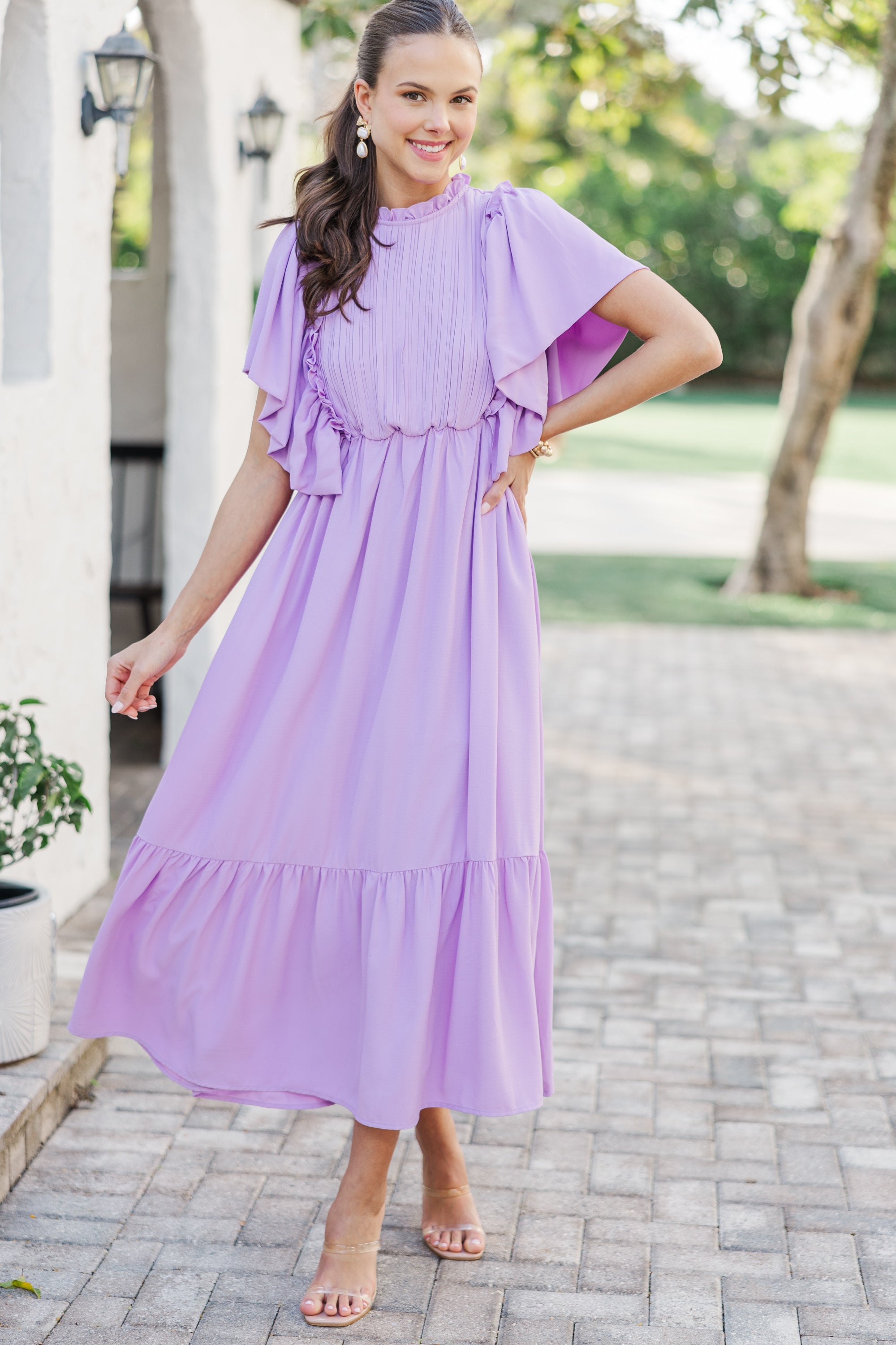 Elegant Lavender Ruffled Midi Dress for Women - Flowy Summer Dress with Feminine Details - Perfect for Weddings, Parties & Date Nights