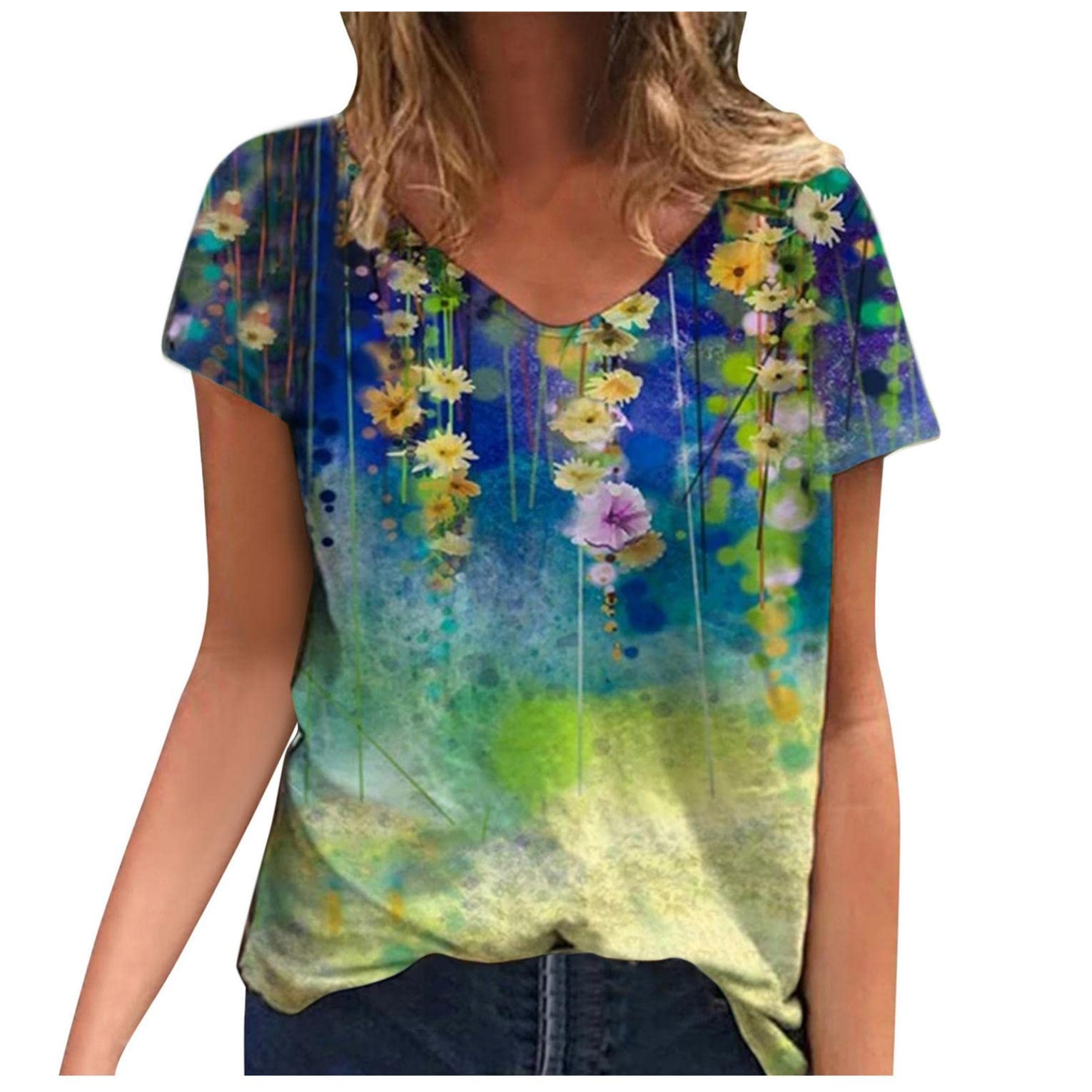 VISLINDU Women's Trendy Floral Printed V-Neck T-Shirt - Loose Fit Short Sleeve Casual Blouse for Everyday Wear & Summer Outfits