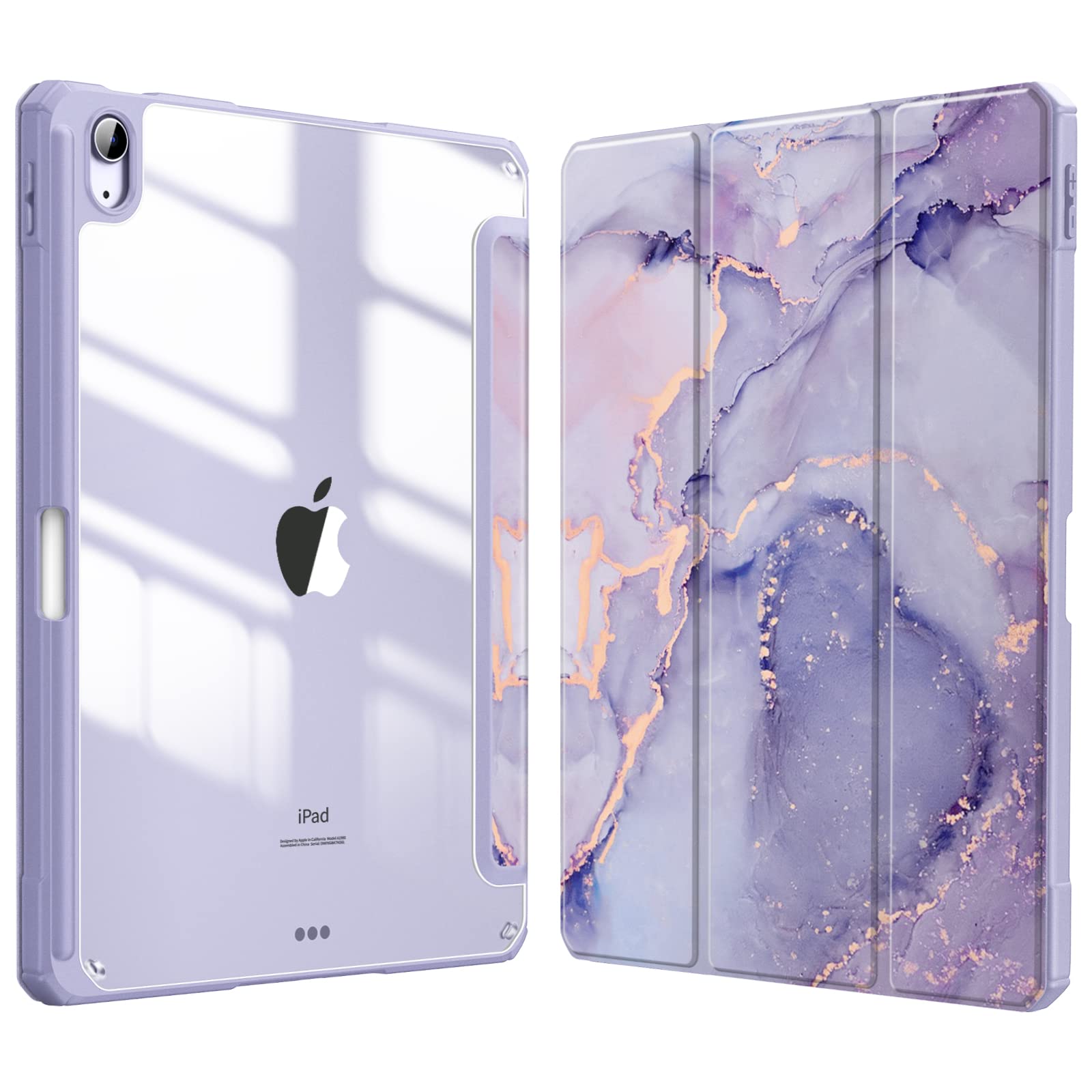 Fintie Hybrid Slim Shockproof Case for iPad Air 11-inch (M3/M2) & 10.9-inch (5th/4th Gen) - Clear Back Shell with Pencil Holder, Lilac Marble Design - Perfect for Work, School & Travel Protection