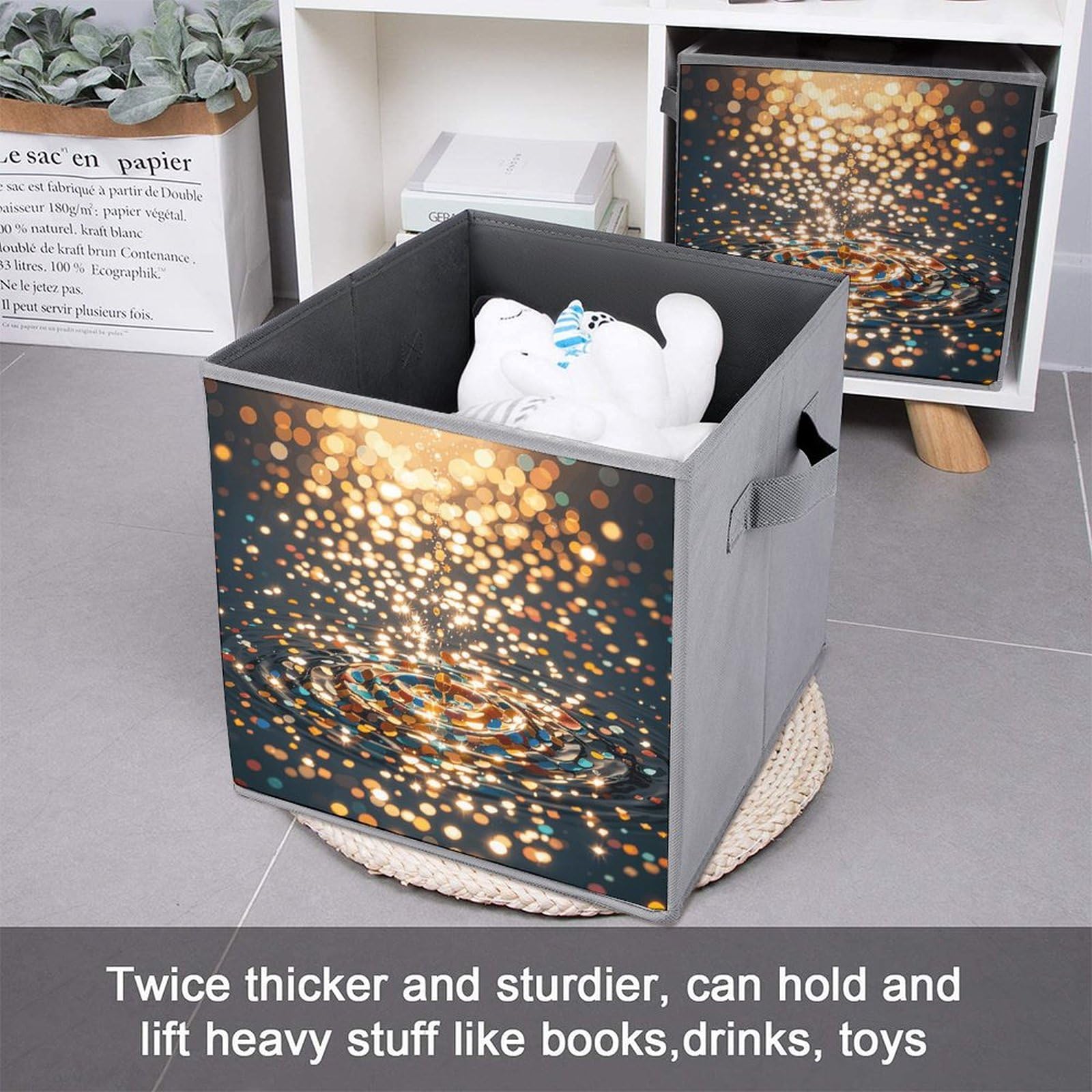 Gradient Sequin Storage Bins - Collapsible Organizer Box with Handle for Shelves & Home Decor