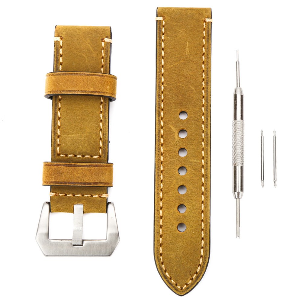 Genuine Leather 24mm Watch Band - Vintage Brown Leather Watch Strap with Lug Tool - Compatible with Rolex, Seiko, Fossil Watches - Perfect for Business, Casual & Formal Occasions