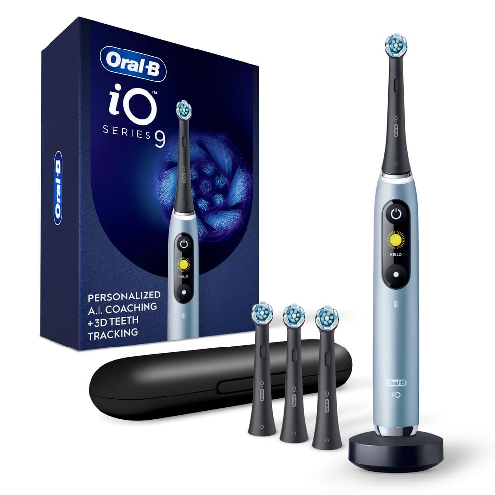 Oral-B iO Series 9 Electric Toothbrush with 4 Brush Heads, Aqua Alabaster - Smart Pressure Sensor & AI Cleaning for Professional Dental Care at Home