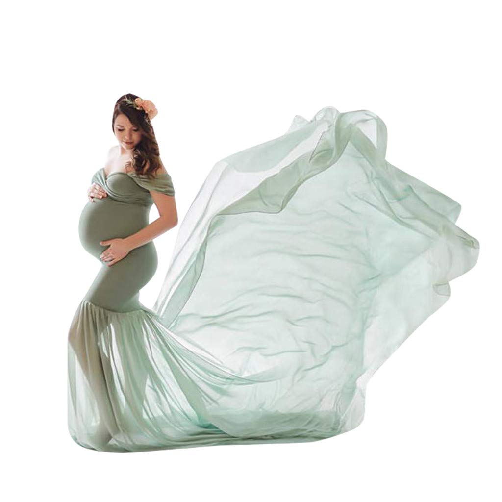 LIUguoo Women's Maternity Dress - Off Shoulder Mermaid Chiffon Maxi Gown for Baby Shower & Photography (Mint Green, One Size) | Perfect for Maternity Photos, Bridal Shower & Special Occasions