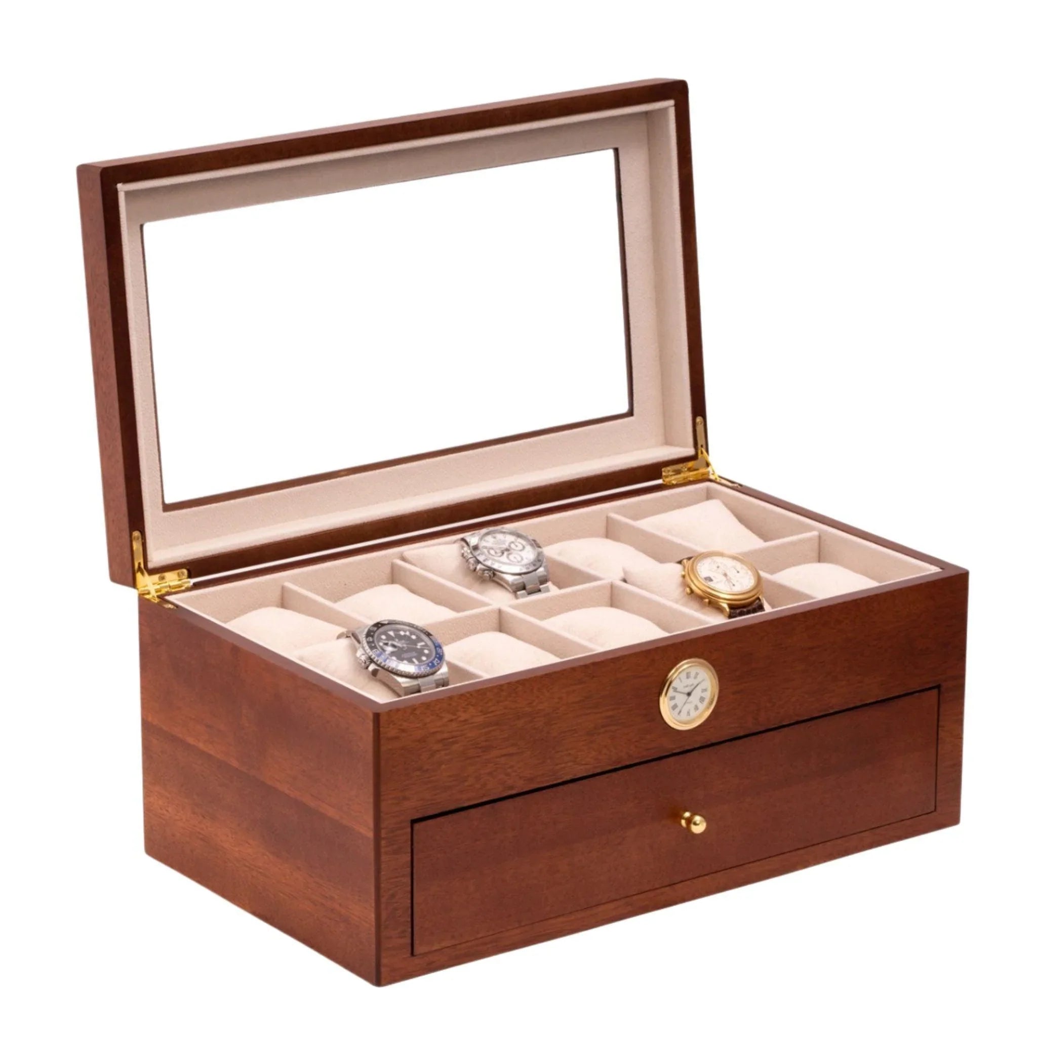 20 Slot Wooden Watch Box with Glass Top & Built-in Clock - Cherry Wood Display Case for Men's Watches, Jewelry & Accessories - Perfect for Home, Office & Travel Storage