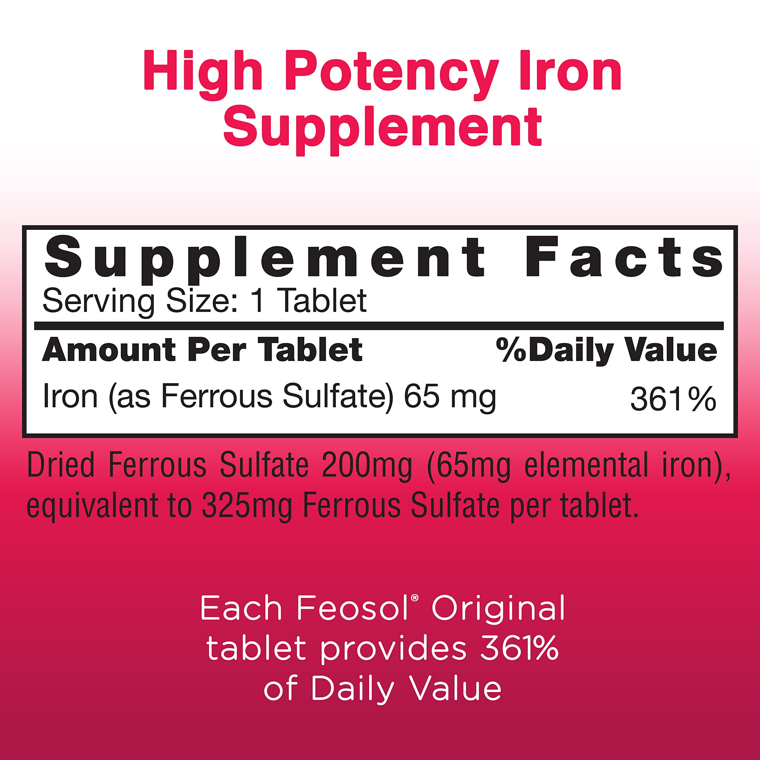 Feosol Original Iron Supplement Tablets - 325mg Ferrous Sulfate (65mg Elemental Iron) per Pill, 120 Count (4 Month Supply) - Non-Heme Iron for Energy & Immune Support - Made in USA - Ideal for Anemia Prevention & Fatigue Relief